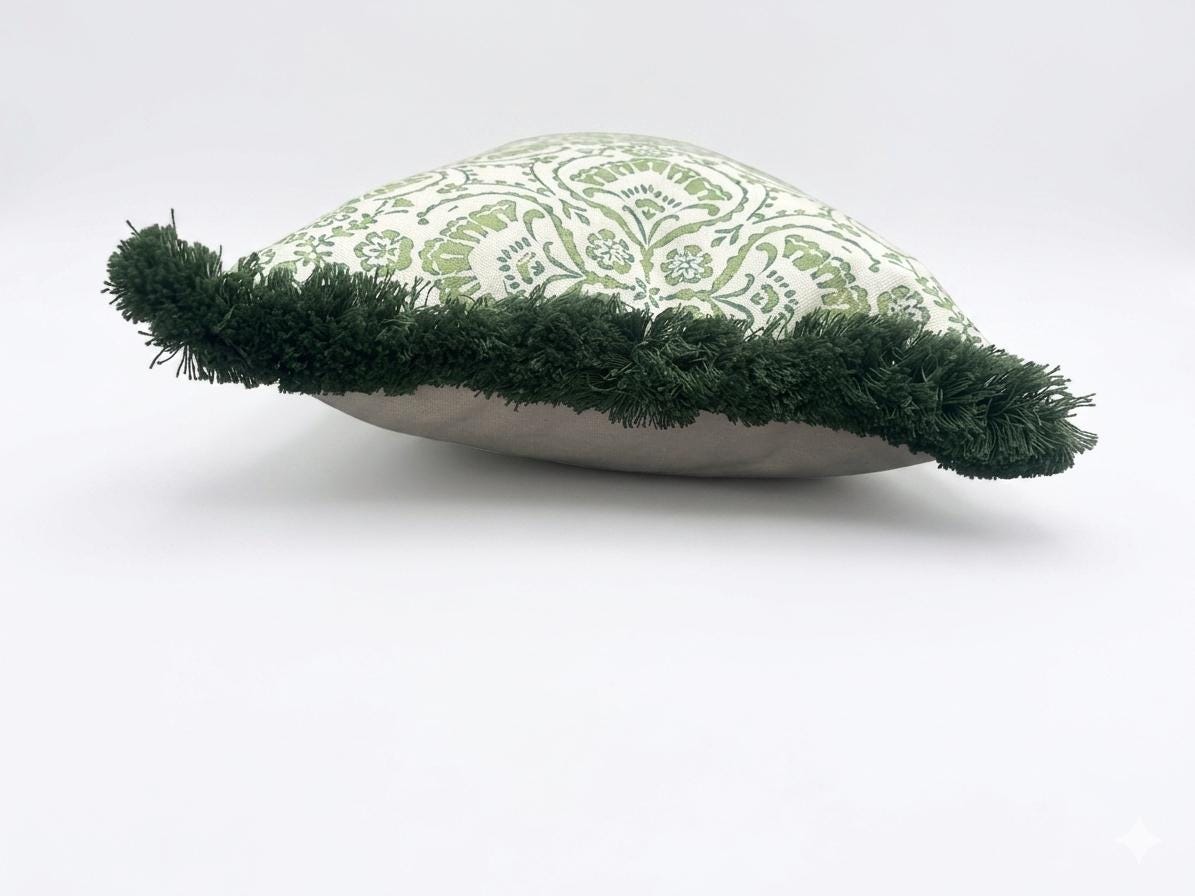 VERA- Handmade green floral damask design lumbar cushion cover with fringe.