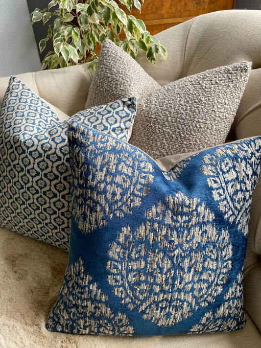 LUCCA - Handmade cushion cover in blue, indigo chenille fabric.