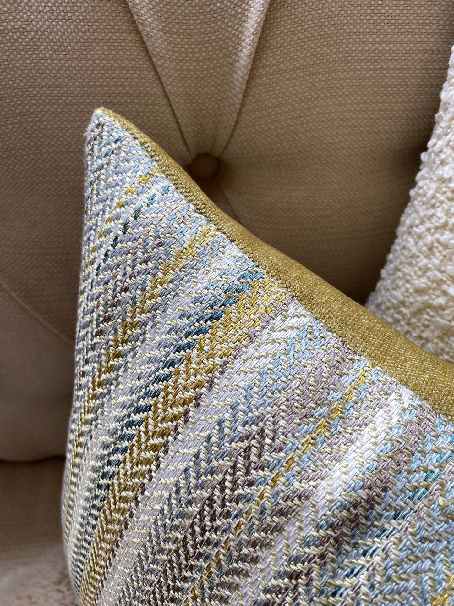 COLTON - Handmade woven striped lumbar cushion cover in teal.