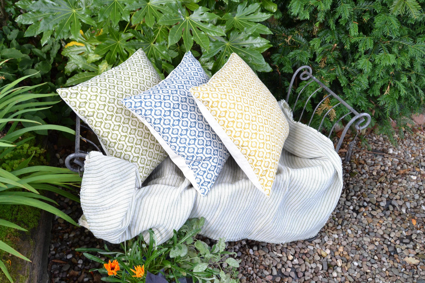 MILLIE - Handmade Giverny Cushion Cover – Cotton Linen Blend, Green Blue Mustard