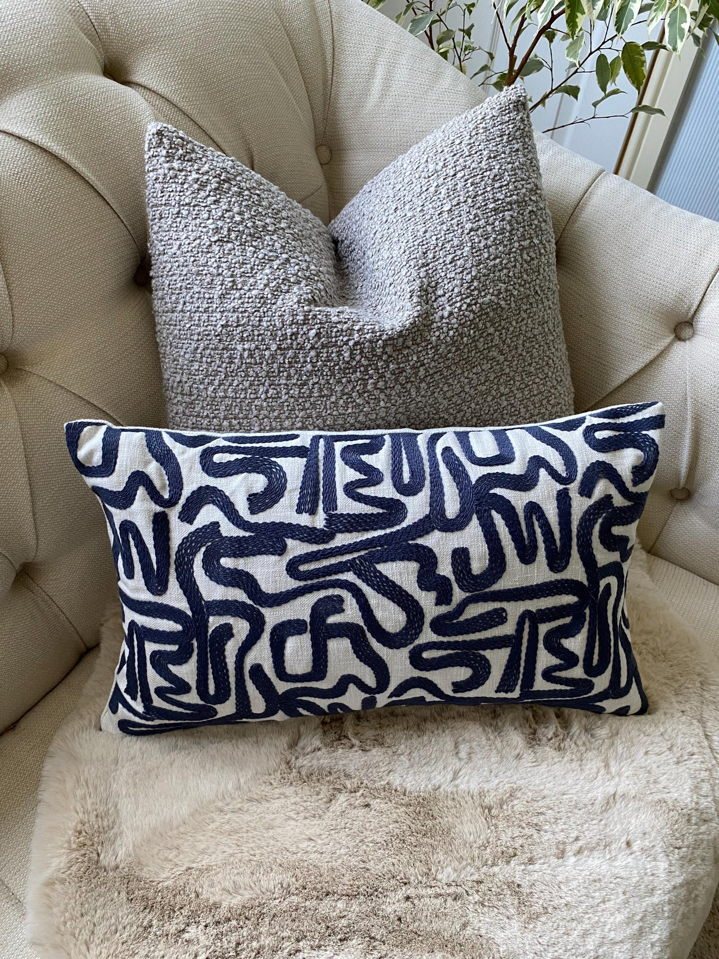 ROMINA- Handmade Lumbar Cushion Cover – Woven Abstract Design, Midnight Blue, Neutral Background