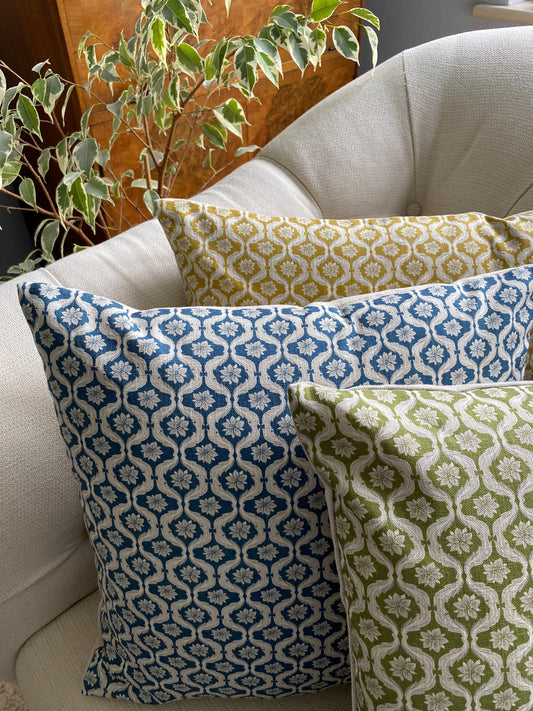 MILLIE - Handmade Giverny Cushion Cover – Cotton Linen Blend, Green Blue Mustard