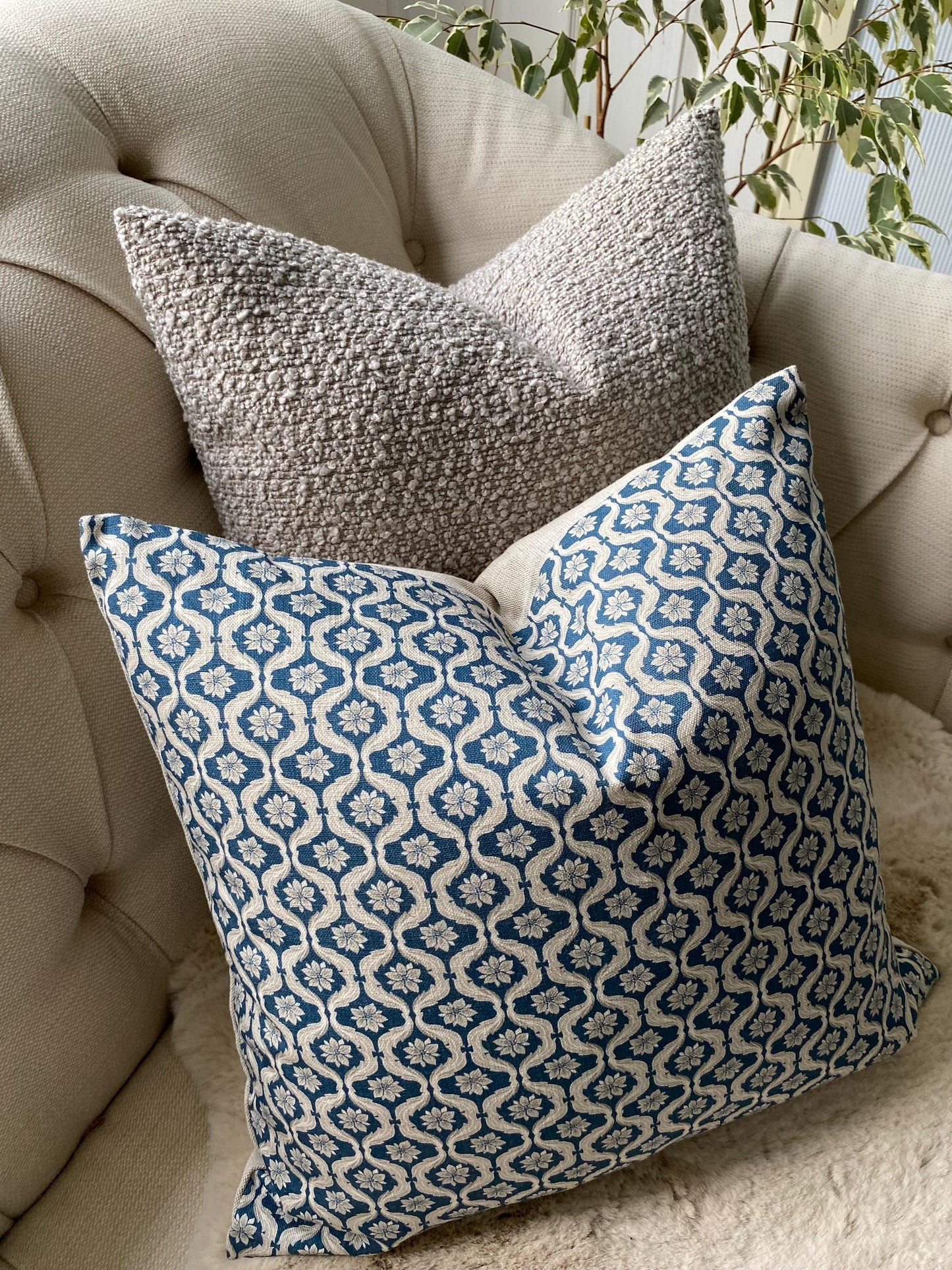 MILLIE - Handmade Giverny Cushion Cover – Cotton Linen Blend, Green Blue Mustard