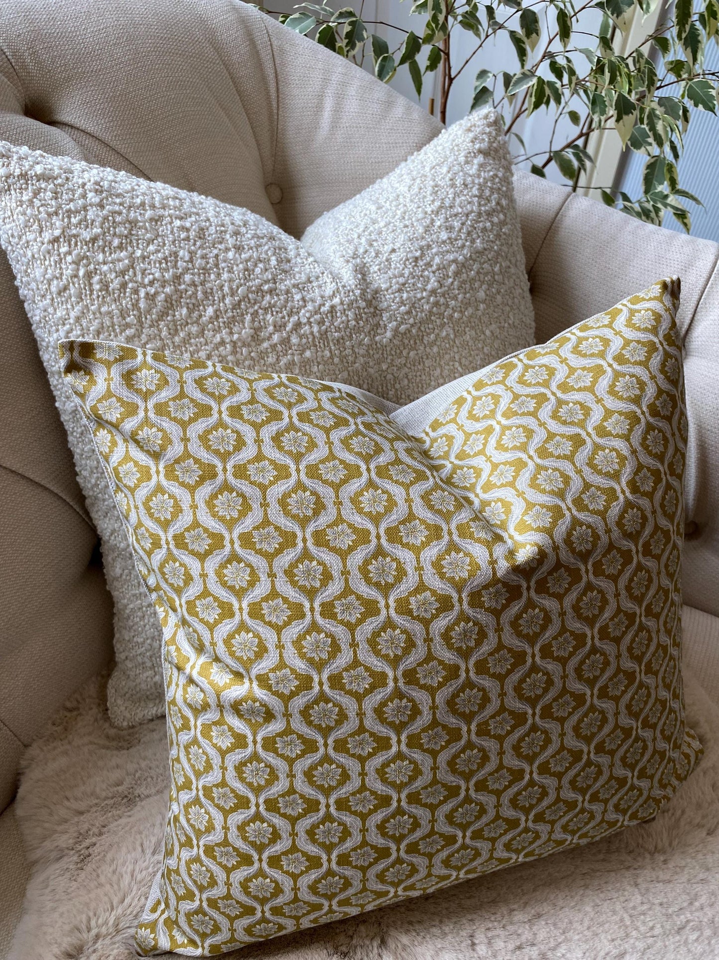 MILLIE - Handmade Giverny Cushion Cover – Cotton Linen Blend, Green Blue Mustard