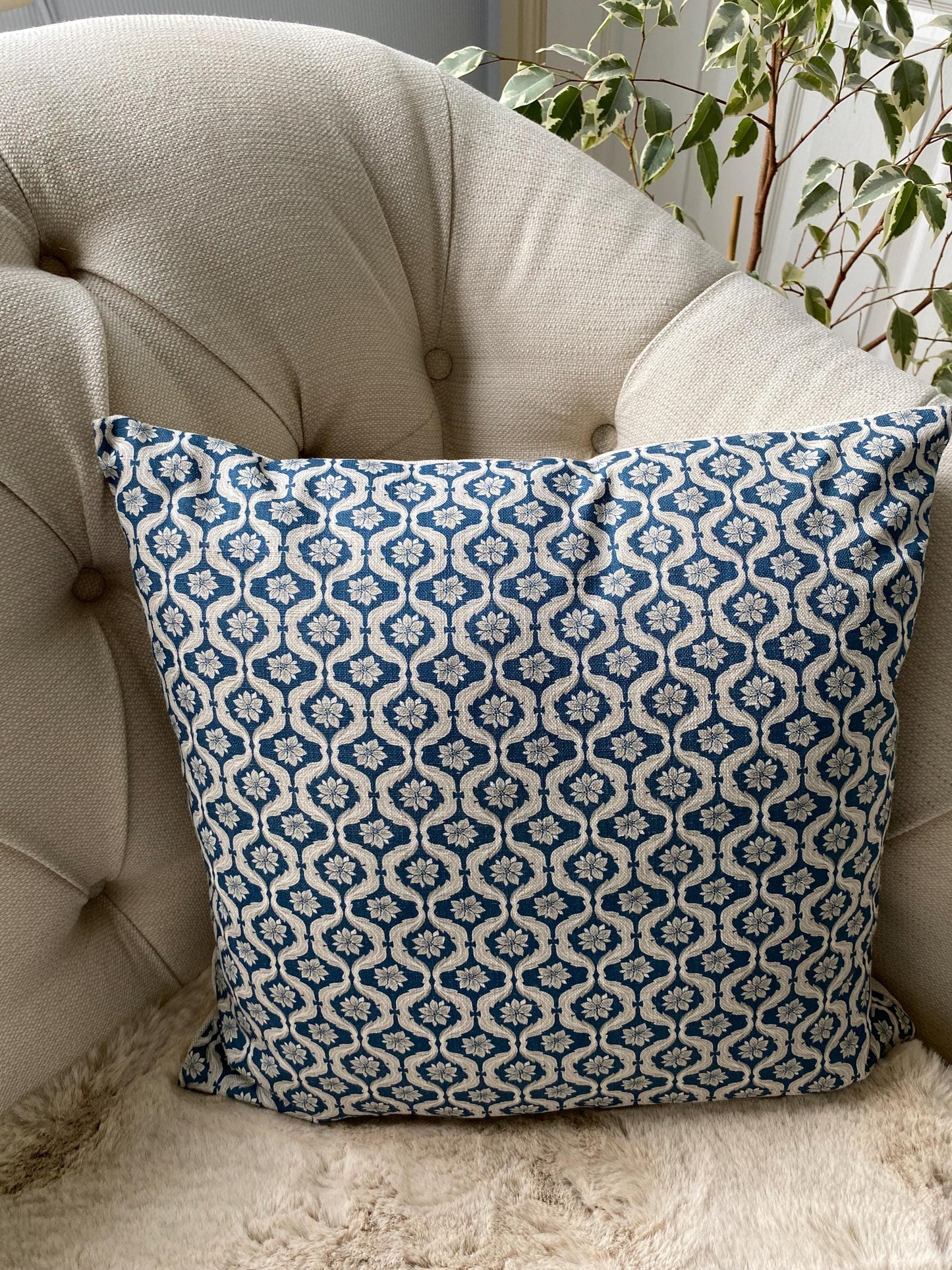 MILLIE - Handmade Giverny Cushion Cover – Cotton Linen Blend, Green Blue Mustard