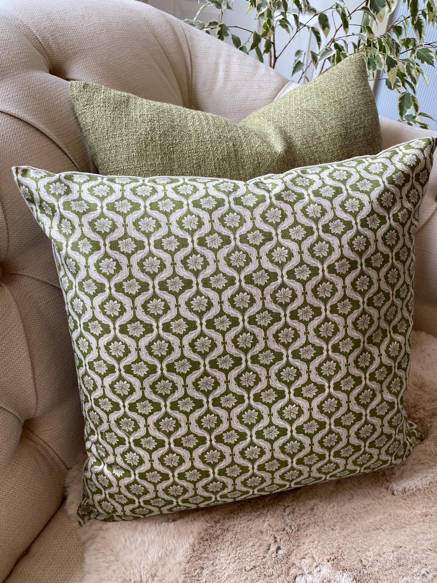 MILLIE - Handmade Giverny Cushion Cover – Cotton Linen Blend, Green Blue Mustard