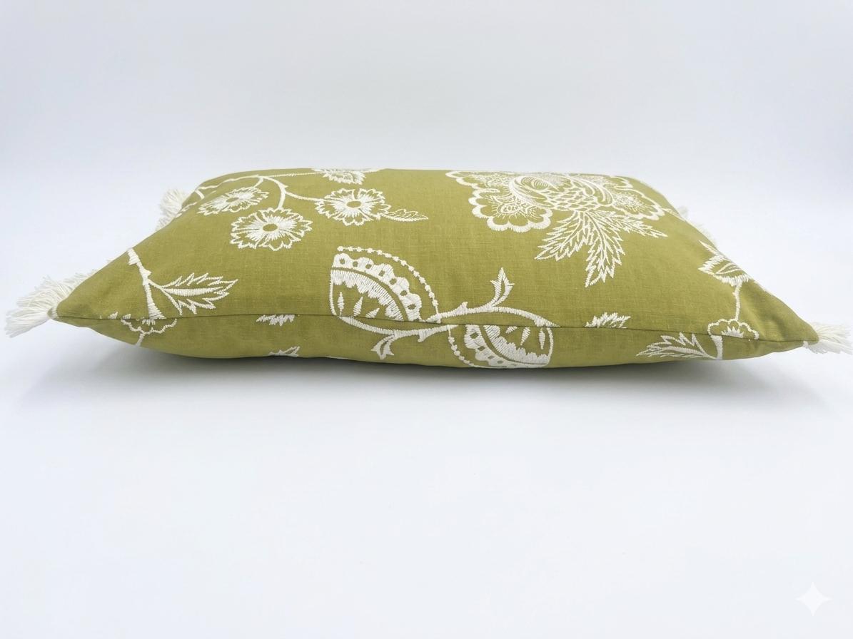 ALICIA - Handmade green embroidered floral design cushion cover with fringe.