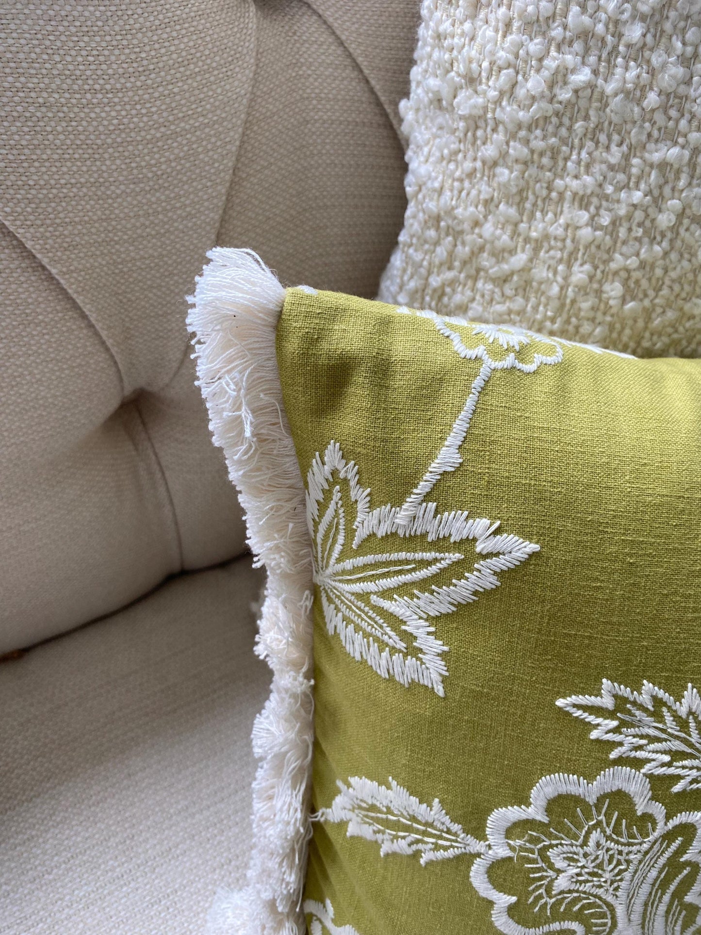 ALICIA - Handmade green embroidered floral design cushion cover with fringe.