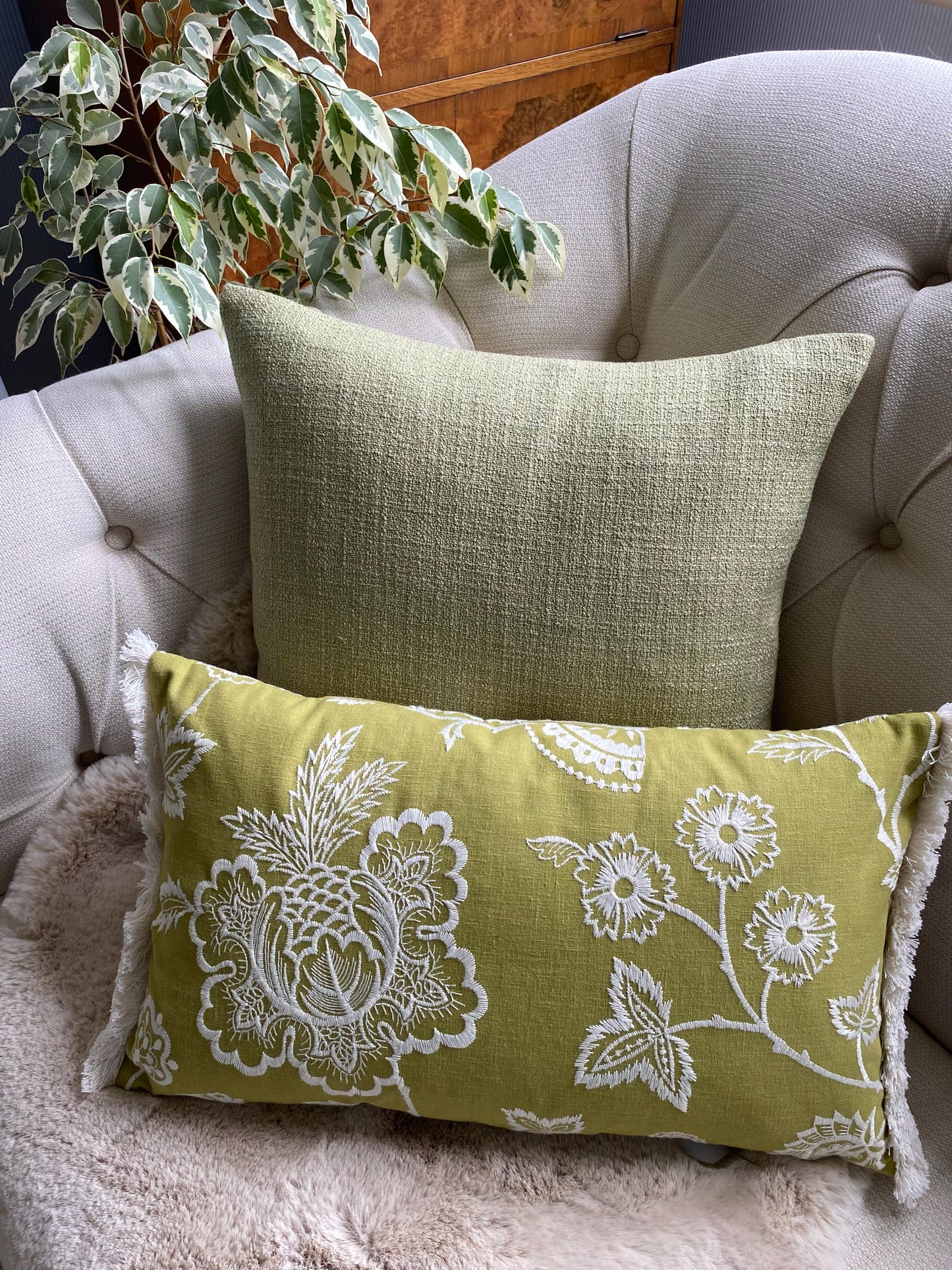 ALICIA - Handmade green embroidered floral design cushion cover with fringe.
