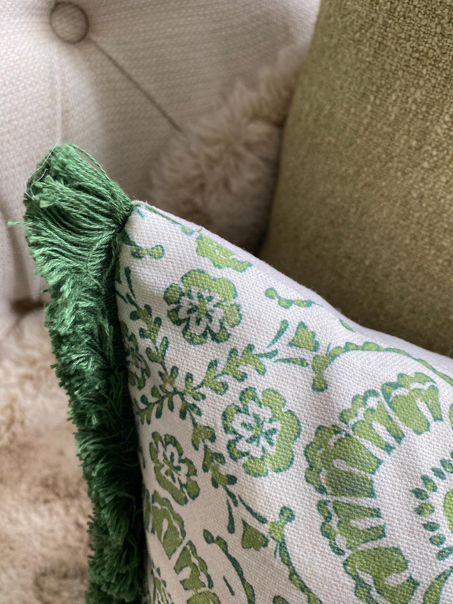 VERA- Handmade green floral damask design lumbar cushion cover with fringe.