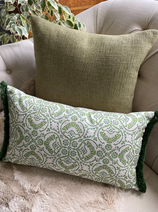 VERA - Handmade green floral damask design lumbar cushion cover with fringe.