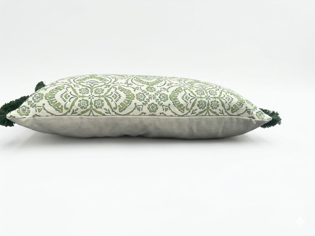 VERA- Handmade green floral damask design lumbar cushion cover with fringe.