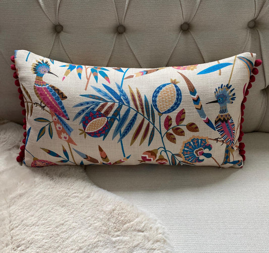 PARADISA - Handmade lumbar cushion cover with modern botanical design and pom pom trim.