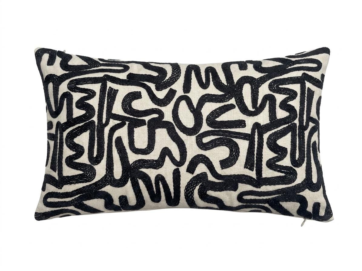 ROMINA- Handmade Lumbar Cushion Cover – Woven Abstract Design, Midnight Blue, Neutral Background