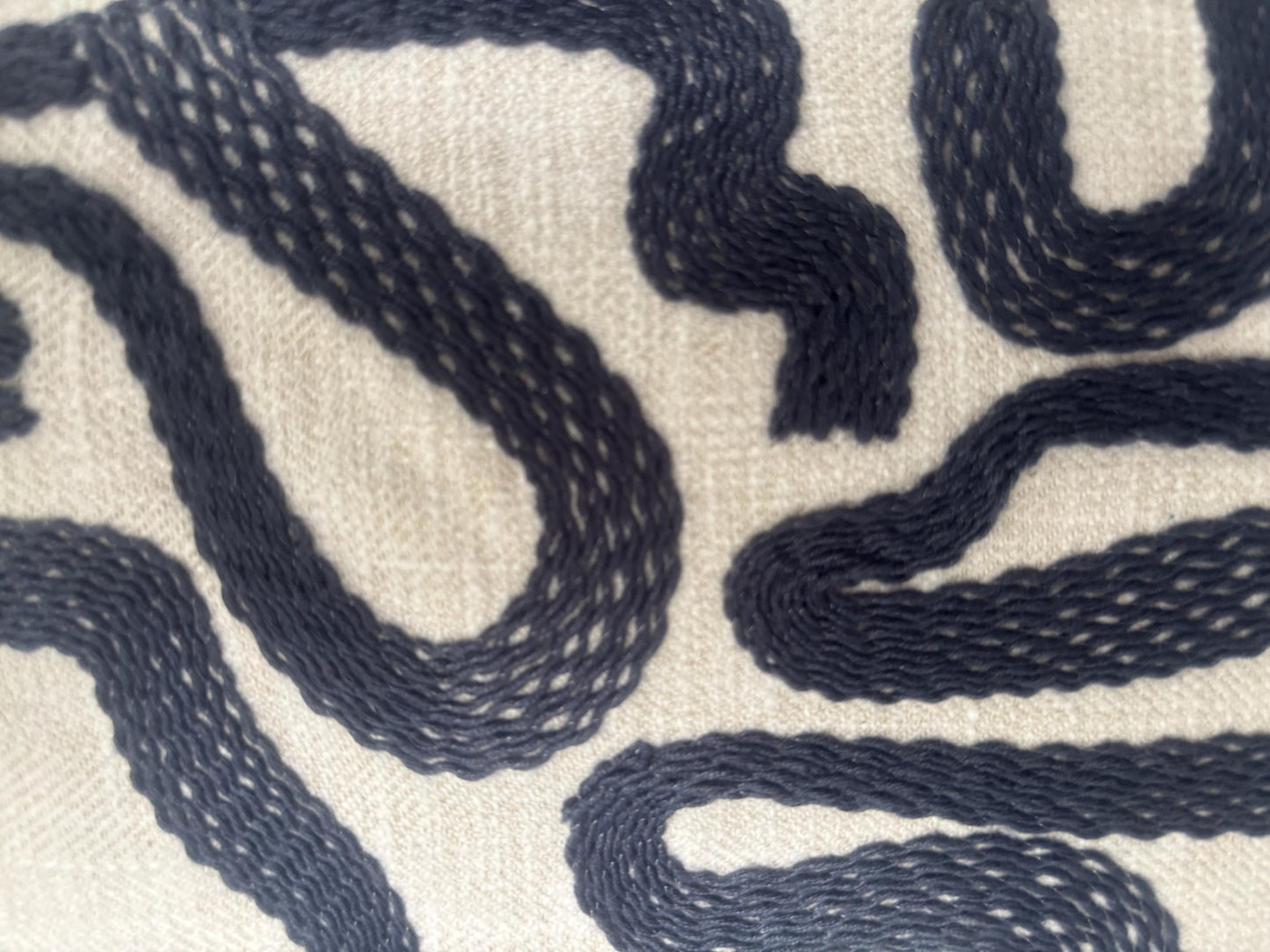 ROMINA- Handmade Lumbar Cushion Cover – Woven Abstract Design, Midnight Blue, Neutral Background