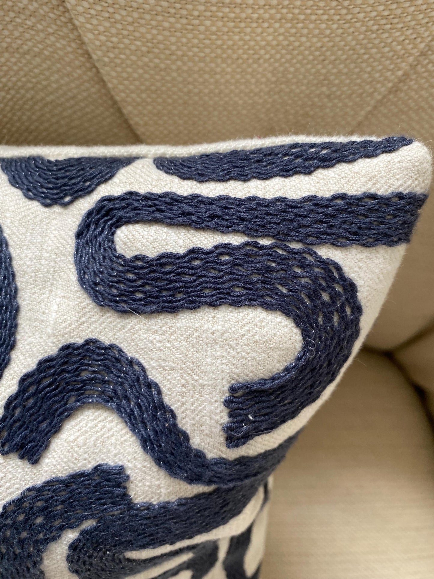 ROMINA- Handmade Lumbar Cushion Cover – Woven Abstract Design, Midnight Blue, Neutral Background