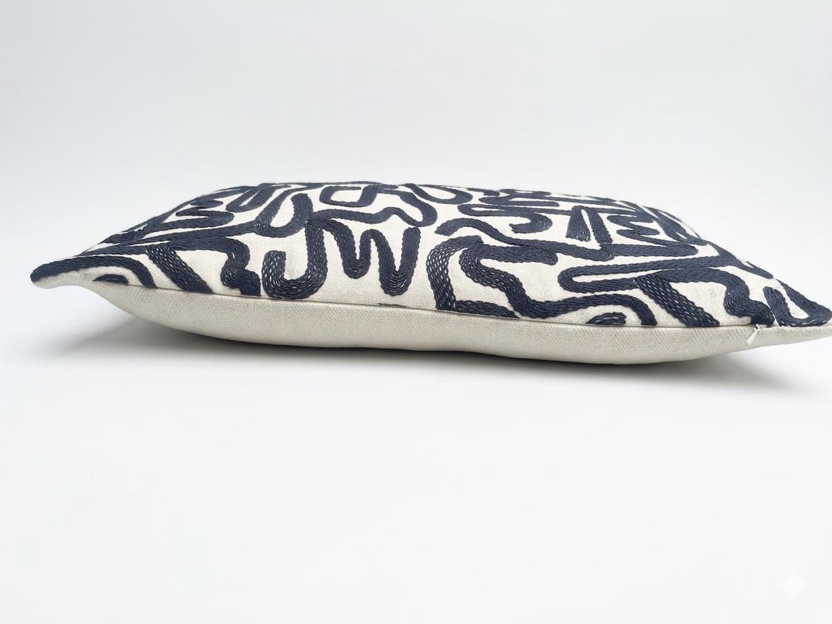 ROMINA- Handmade Lumbar Cushion Cover – Woven Abstract Design, Midnight Blue, Neutral Background