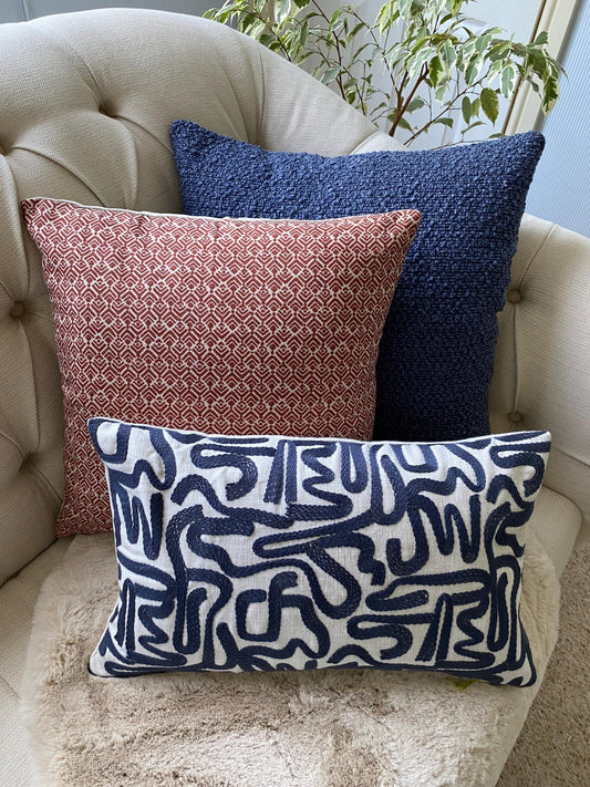 ROMINA - Handmade Lumbar Cushion Cover – Woven Abstract Design, Midnight Blue, Neutral Background