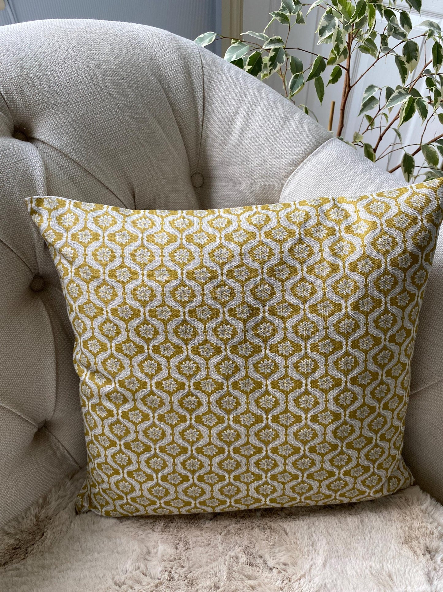 MILLIE - Handmade Giverny Cushion Cover – Cotton Linen Blend, Green Blue Mustard