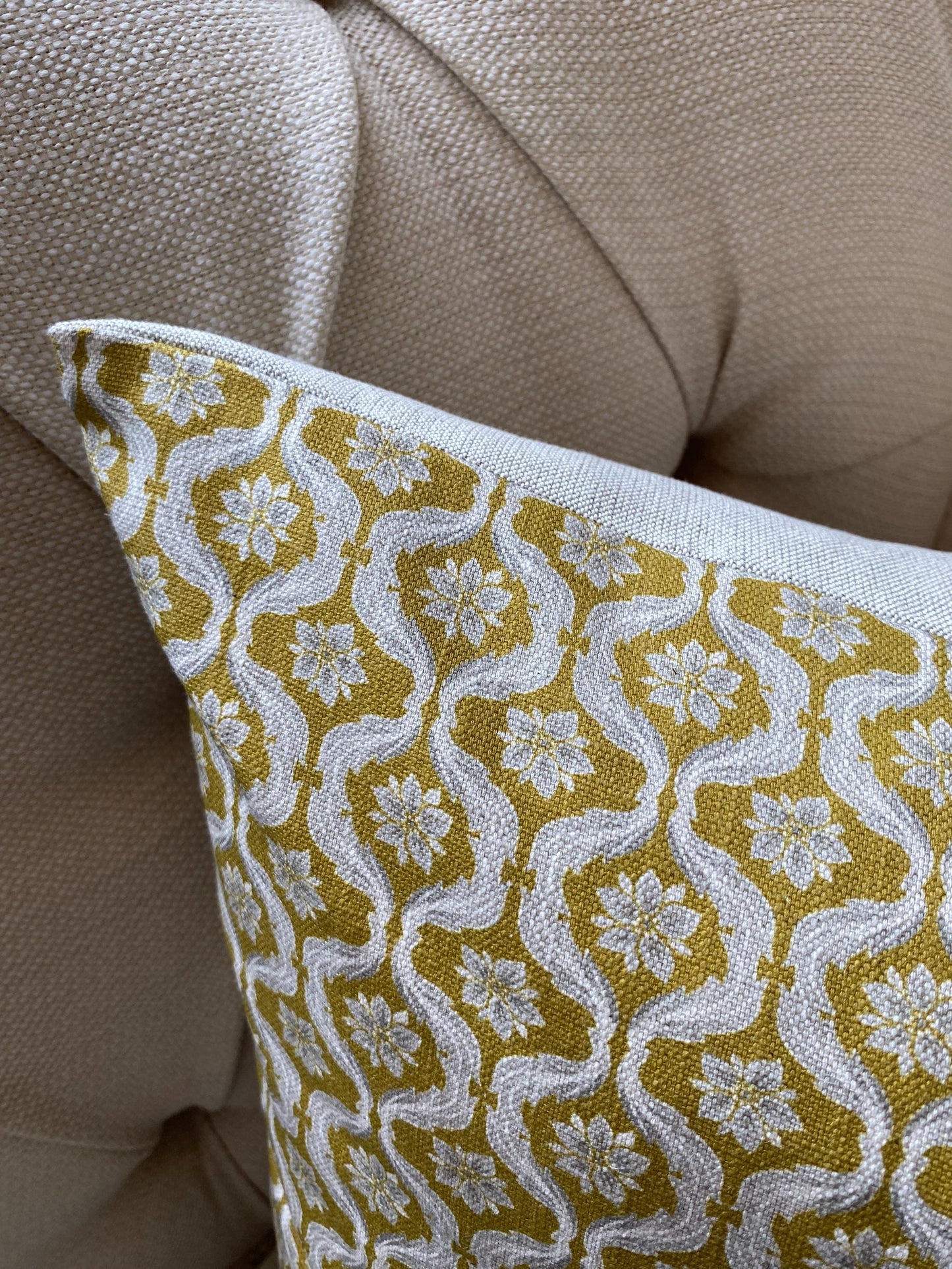 MILLIE - Handmade Giverny Cushion Cover – Cotton Linen Blend, Green Blue Mustard