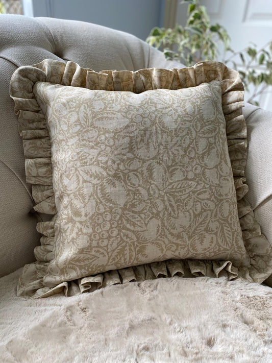 ELANA - Flowered linen handmade cushion cover with frill.