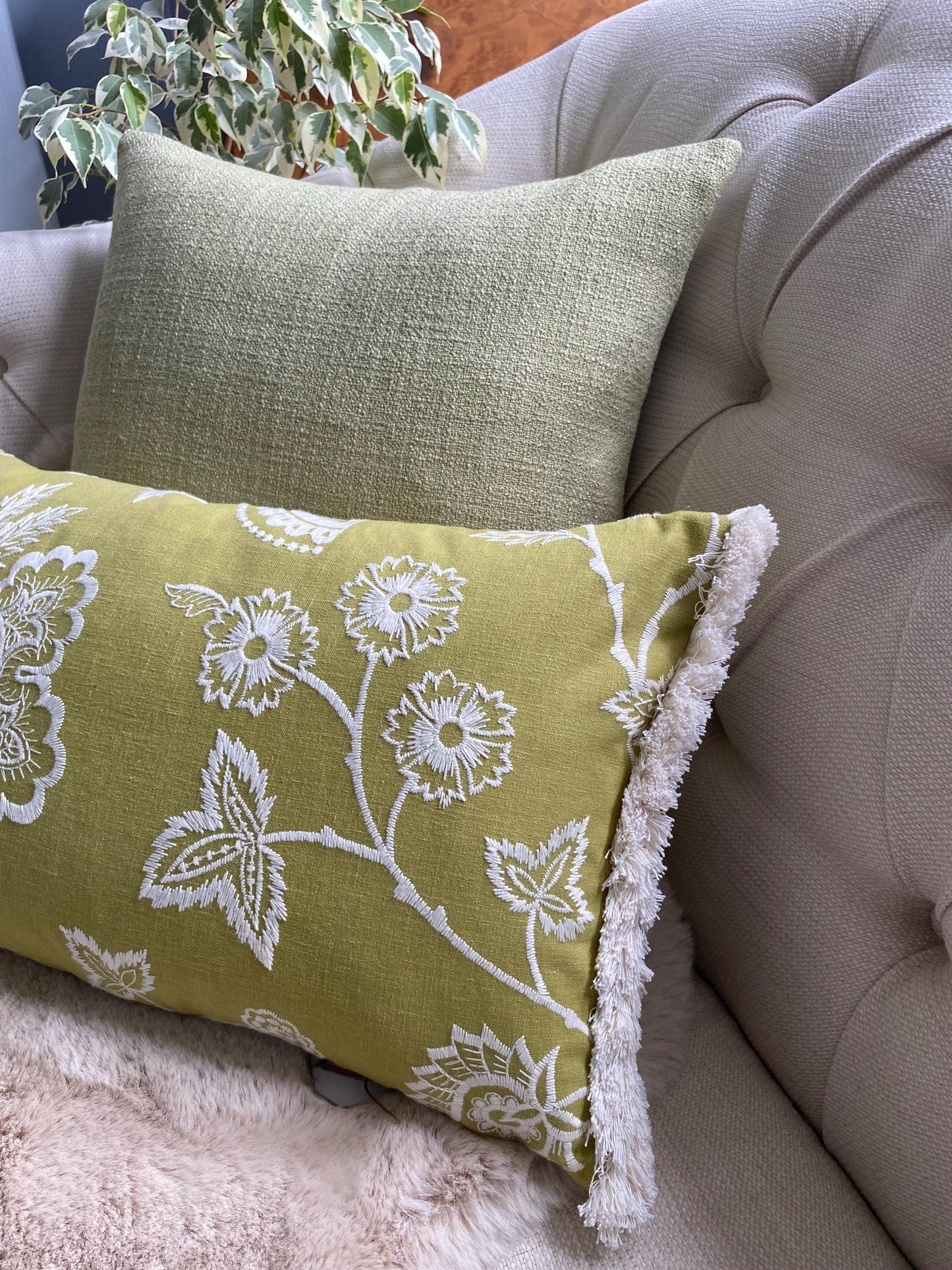ALICIA - Handmade green embroidered floral design cushion cover with fringe.