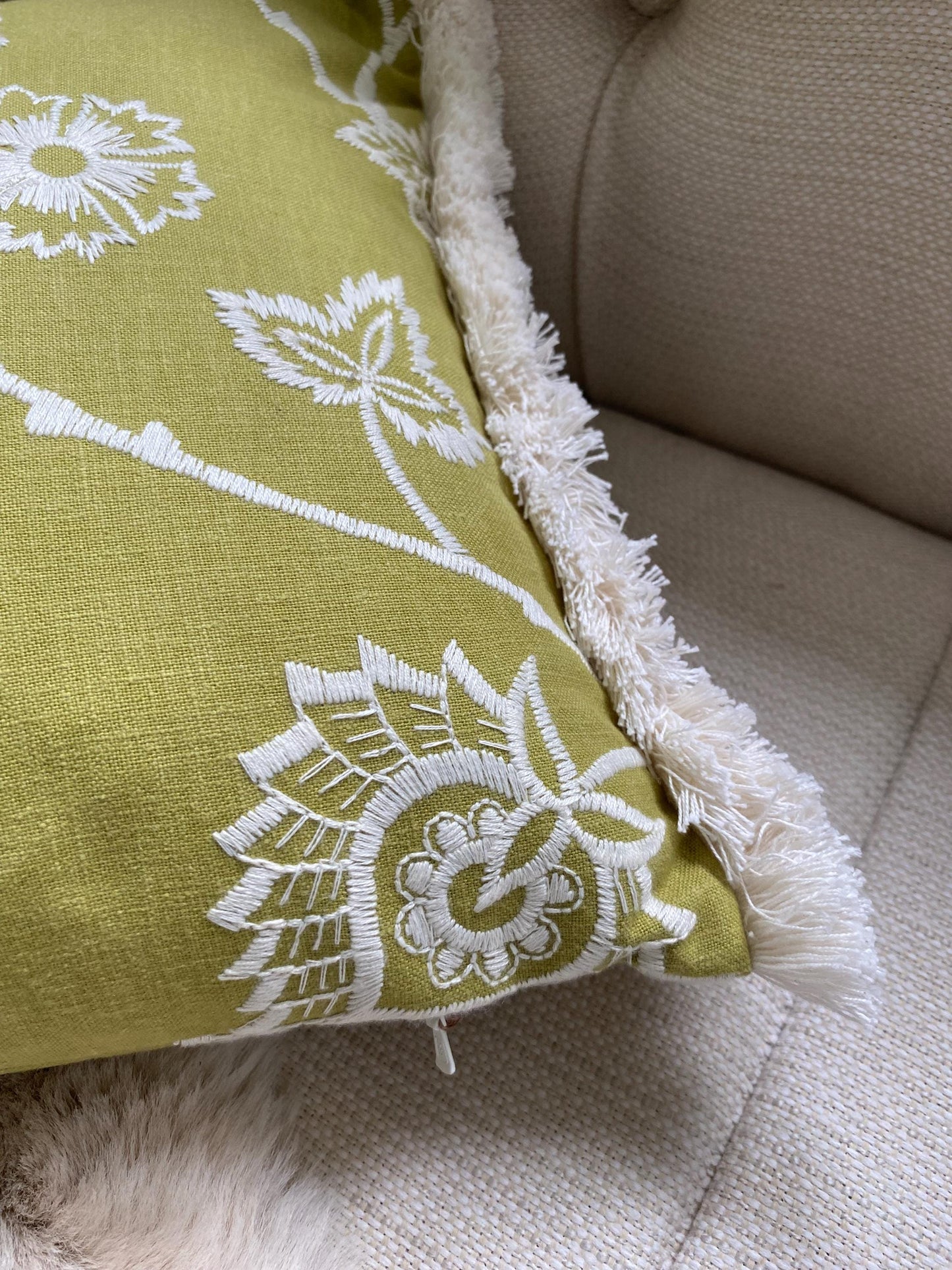 ALICIA - Handmade green embroidered floral design cushion cover with fringe.