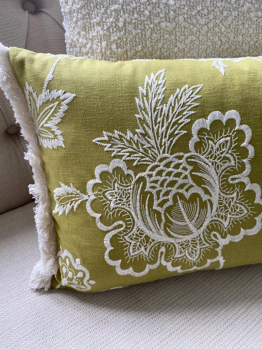 ALICIA - Handmade green embroidered floral design cushion cover with fringe.