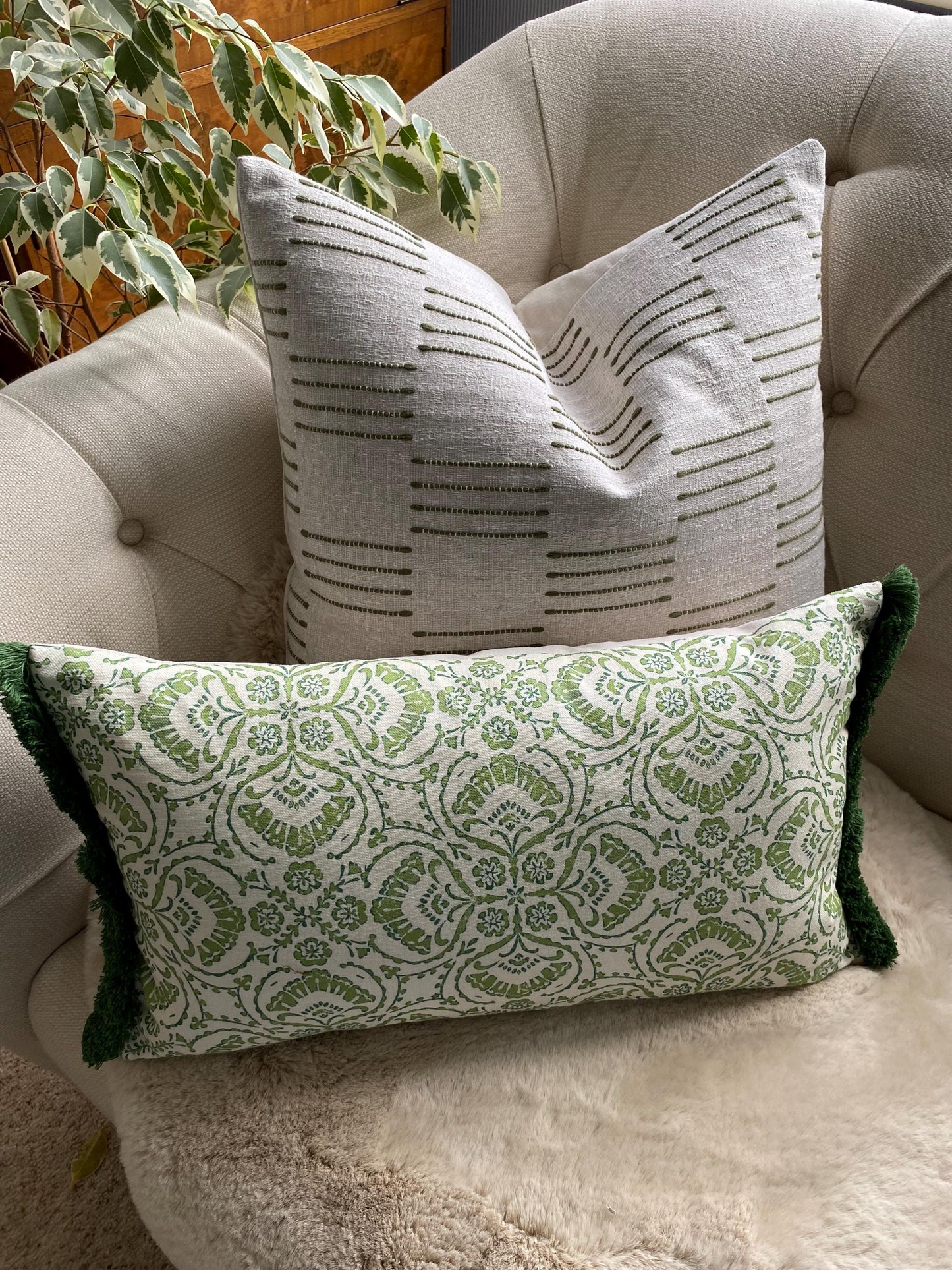 VERA- Handmade green floral damask design lumbar cushion cover with fringe.