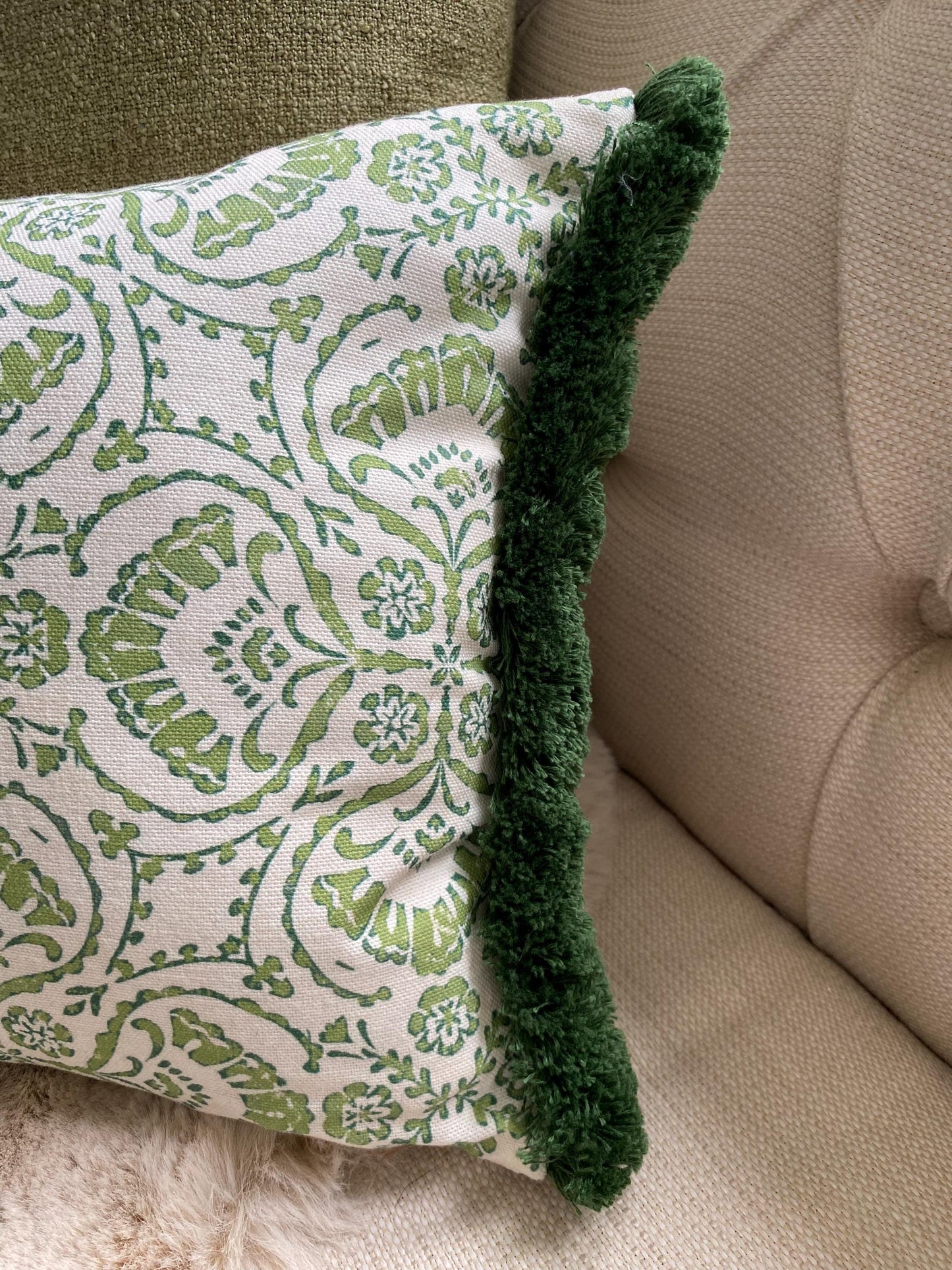 VERA- Handmade green floral damask design lumbar cushion cover with fringe.