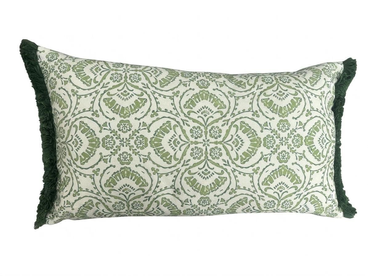 VERA- Handmade green floral damask design lumbar cushion cover with fringe.