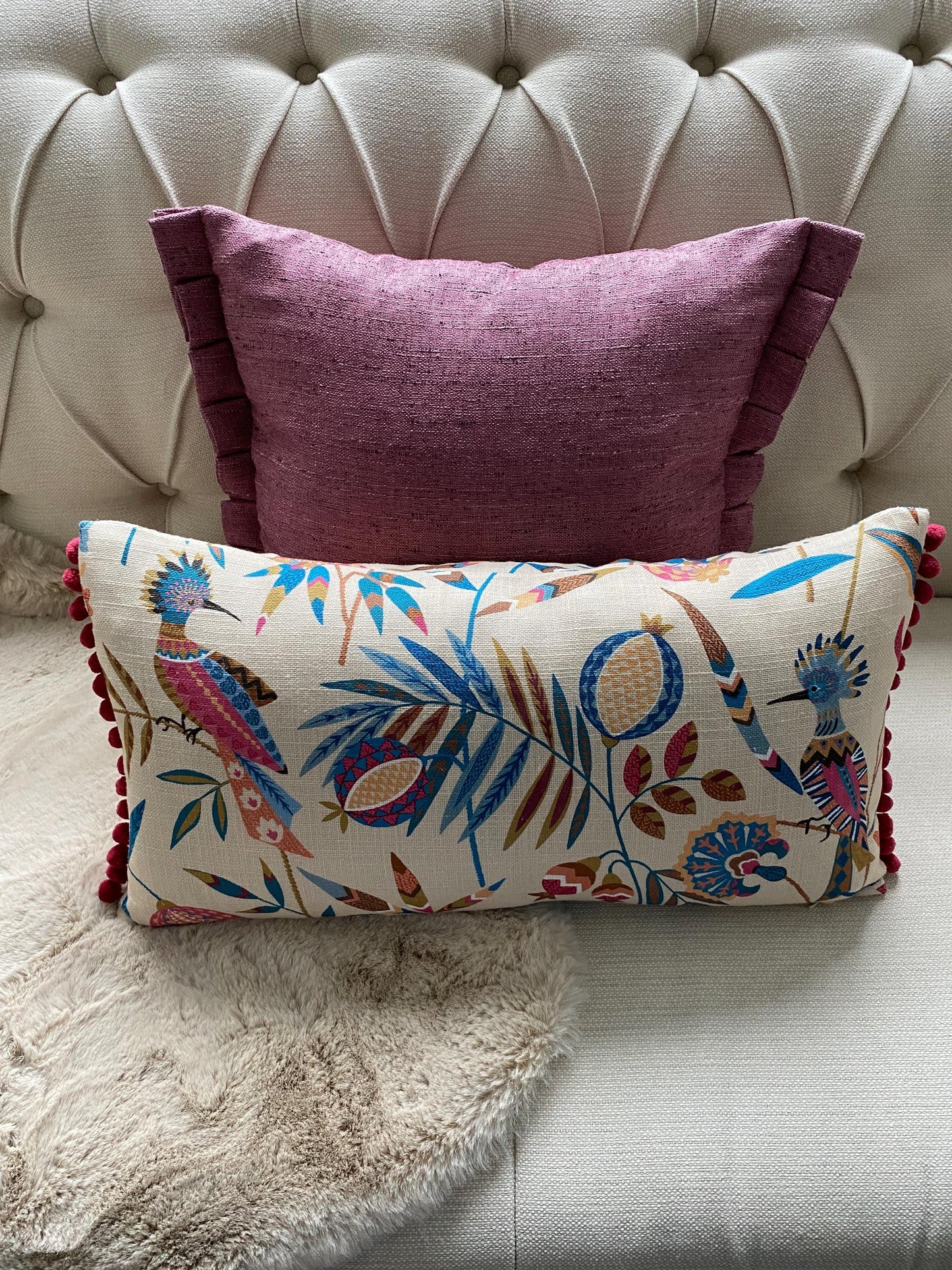 PARADISA - Handmade lumbar cushion cover with modern botanical design and pom pom trim.