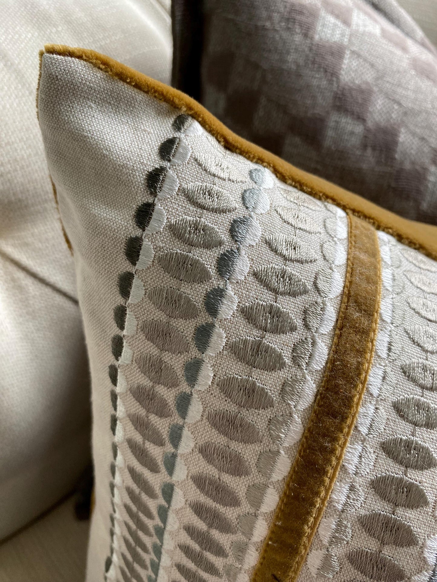 LARA - Handmade embroidered cushion cover with ochre appliqued trim.