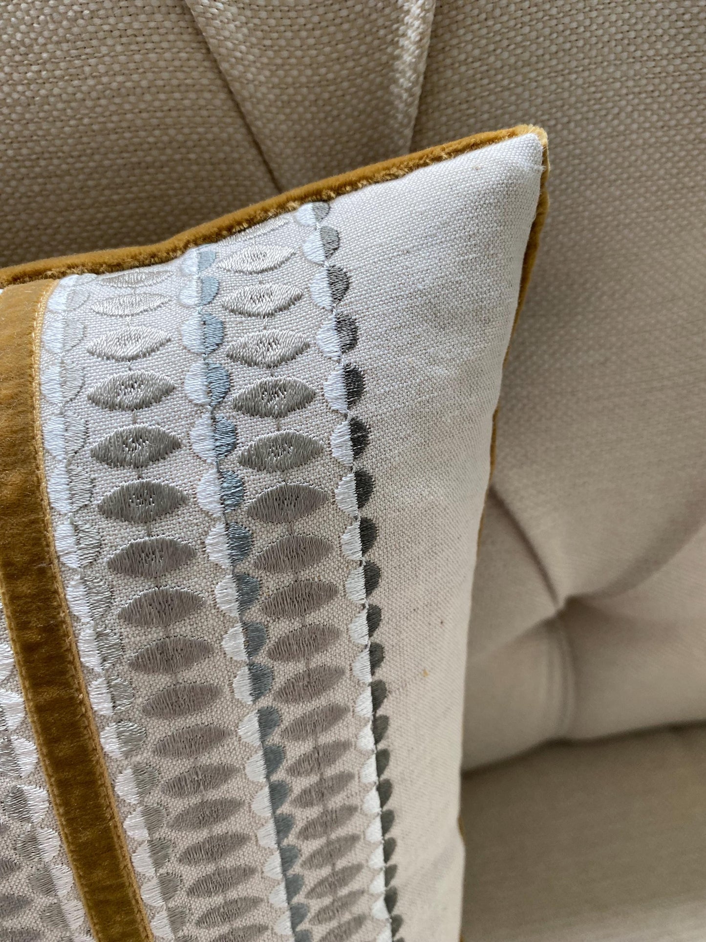 LARA - Handmade embroidered cushion cover with ochre appliqued trim.