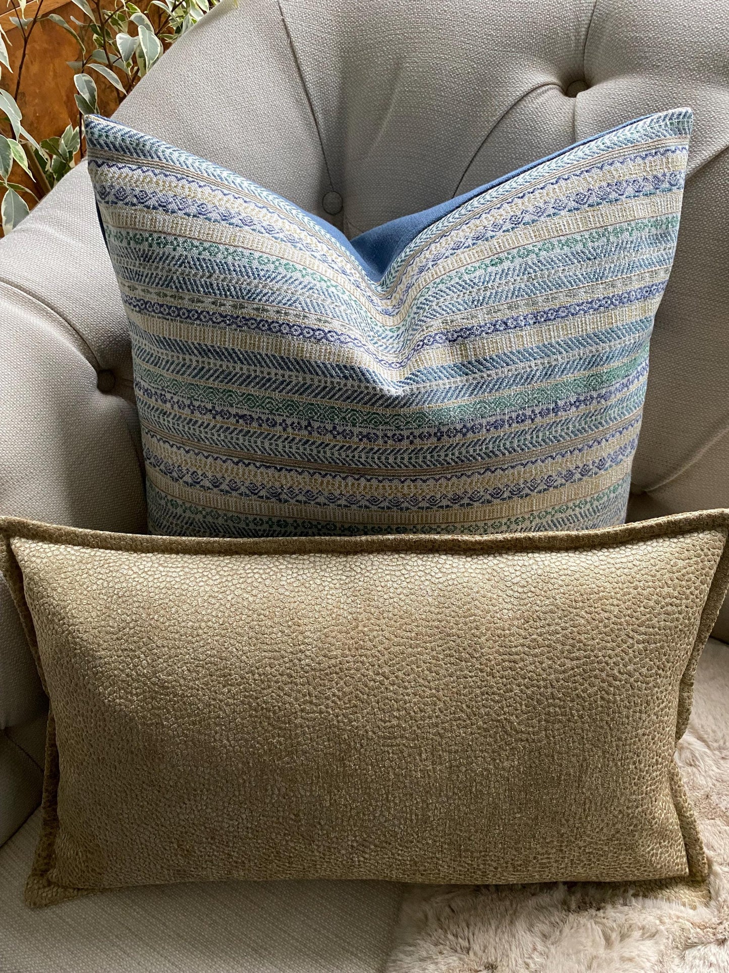 VICO - Handmade blue/cream/gold striped woven fabric cushion cover.