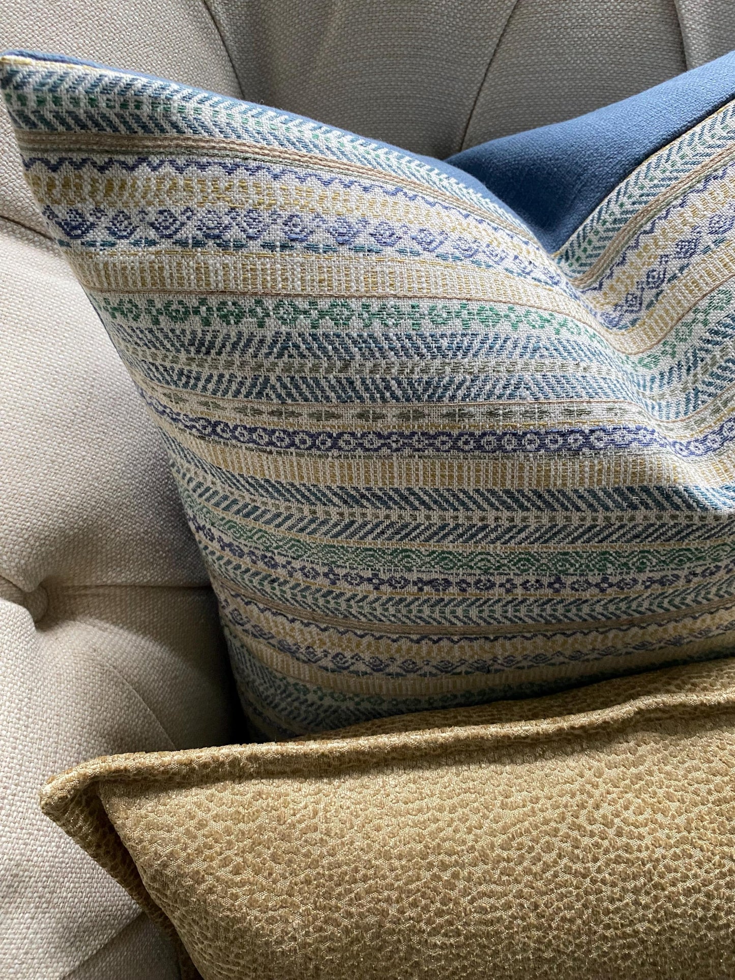 VICO - Handmade blue/cream/gold striped woven fabric cushion cover.