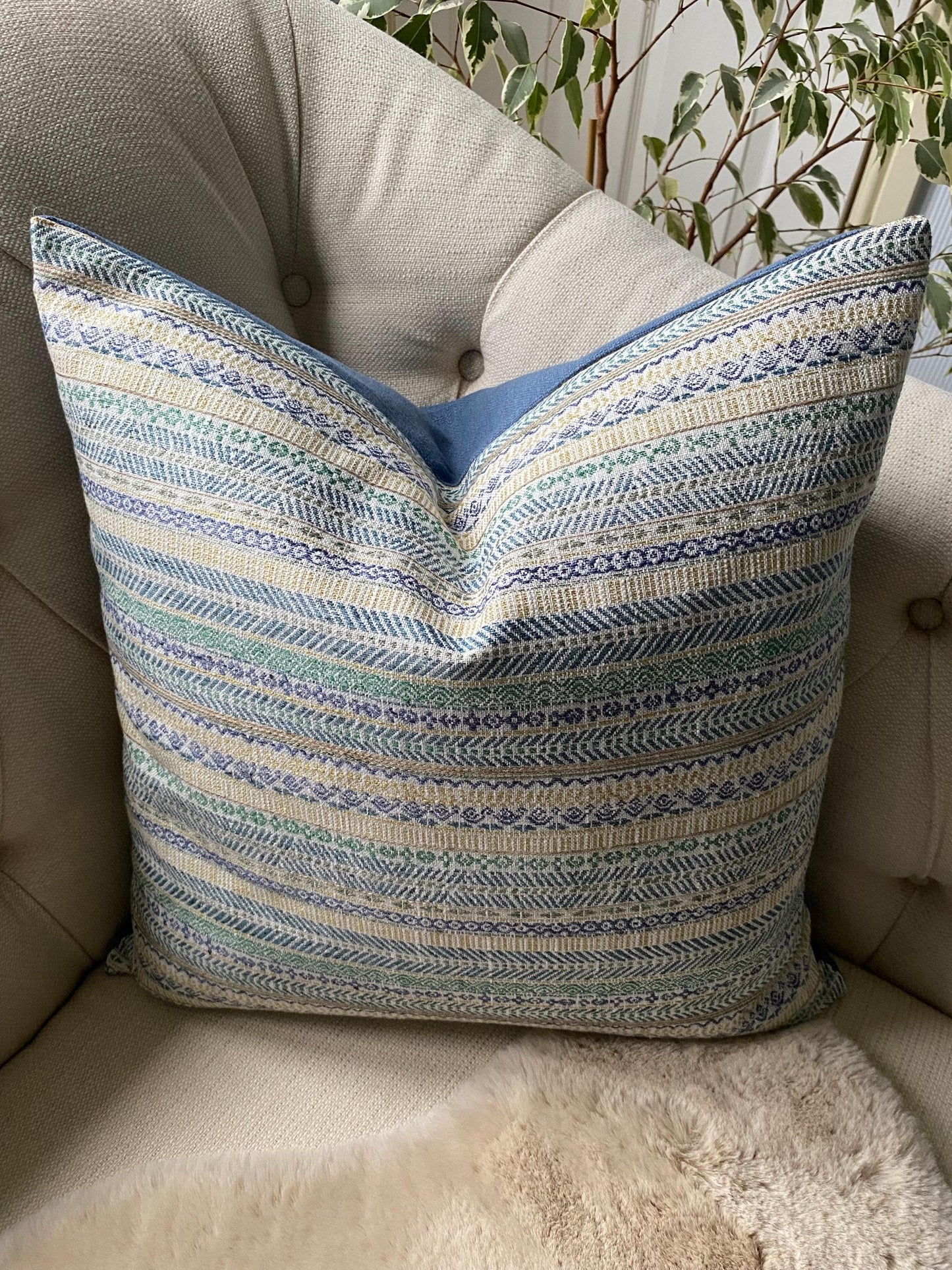 VICO - Handmade blue/cream/gold striped woven fabric cushion cover.