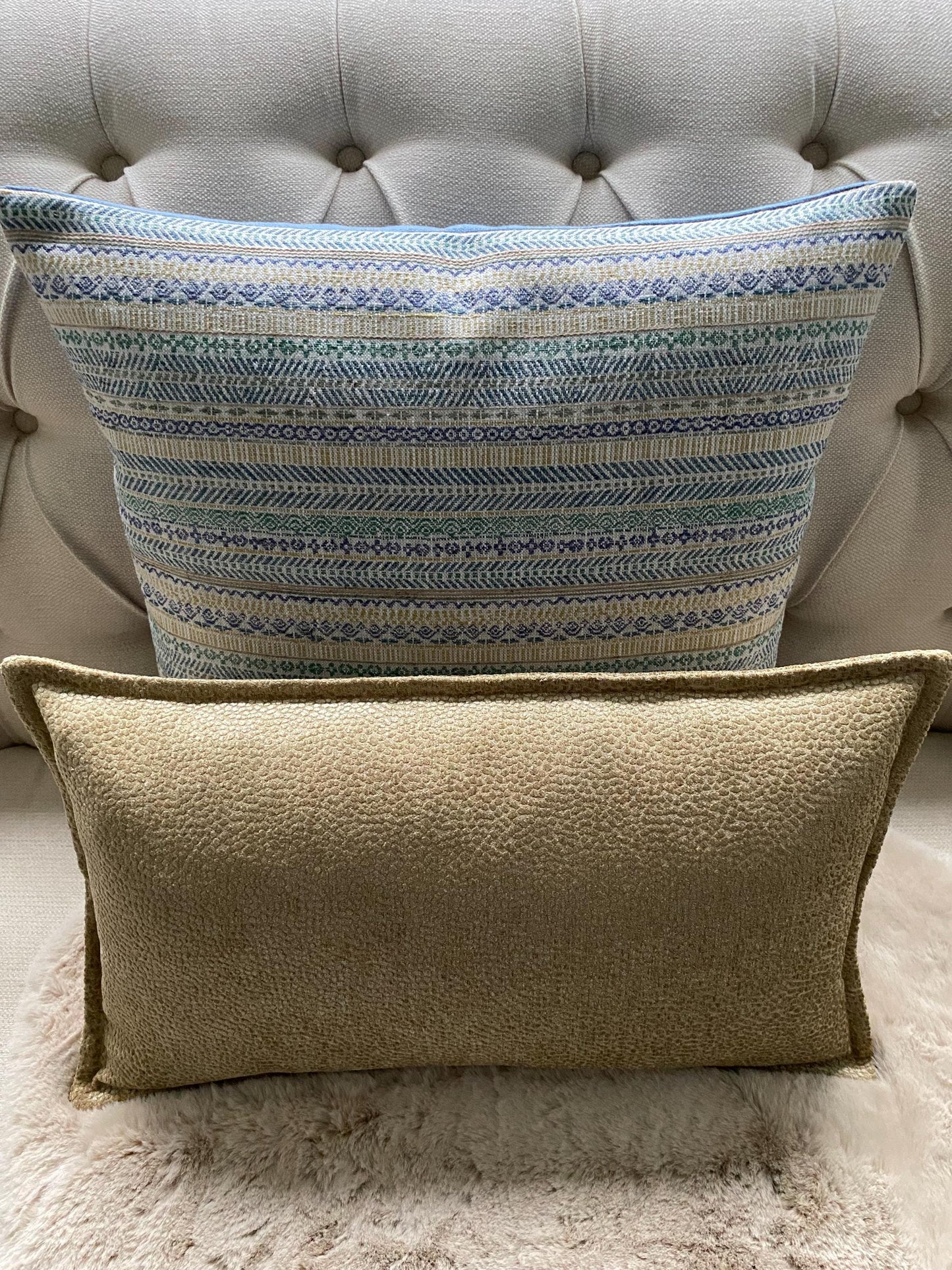VICO - Handmade blue/cream/gold striped woven fabric cushion cover.