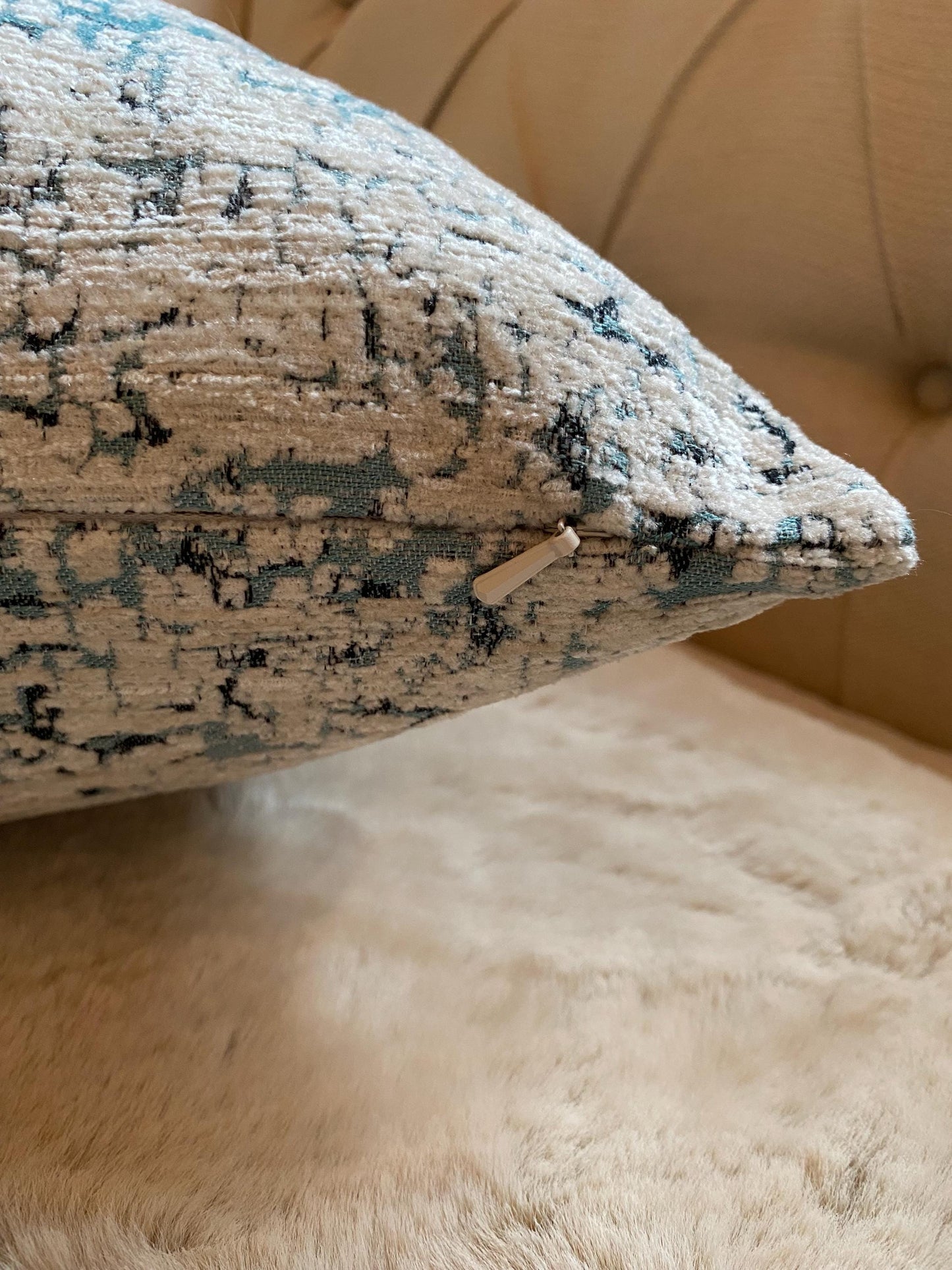 AGNESE - Handmade abstract chenille fabric cushion cover in teal, cream and gold.