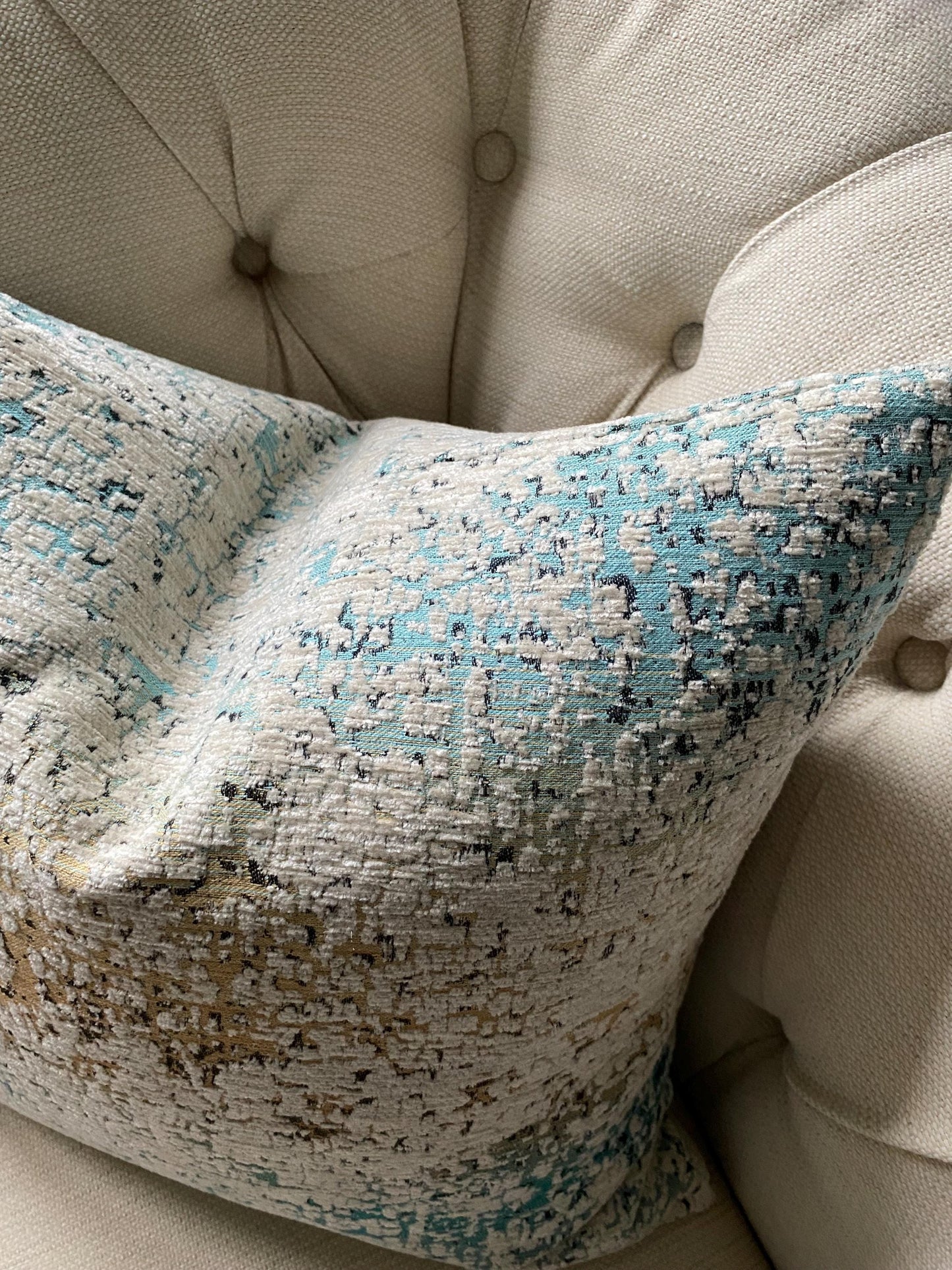 AGNESE - Handmade abstract chenille fabric cushion cover in teal, cream and gold.