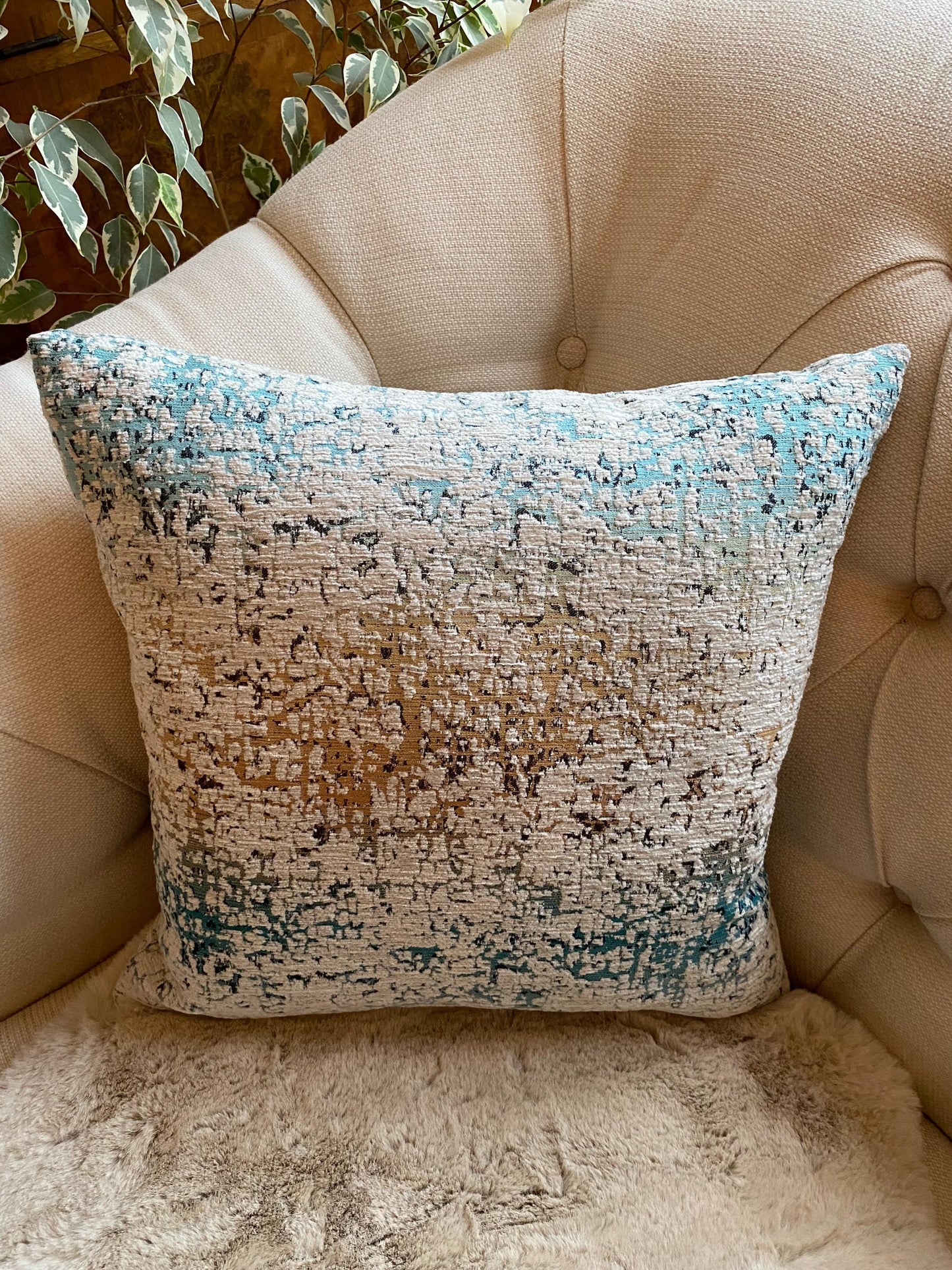 AGNESE - Handmade abstract chenille fabric cushion cover in teal, cream and gold.