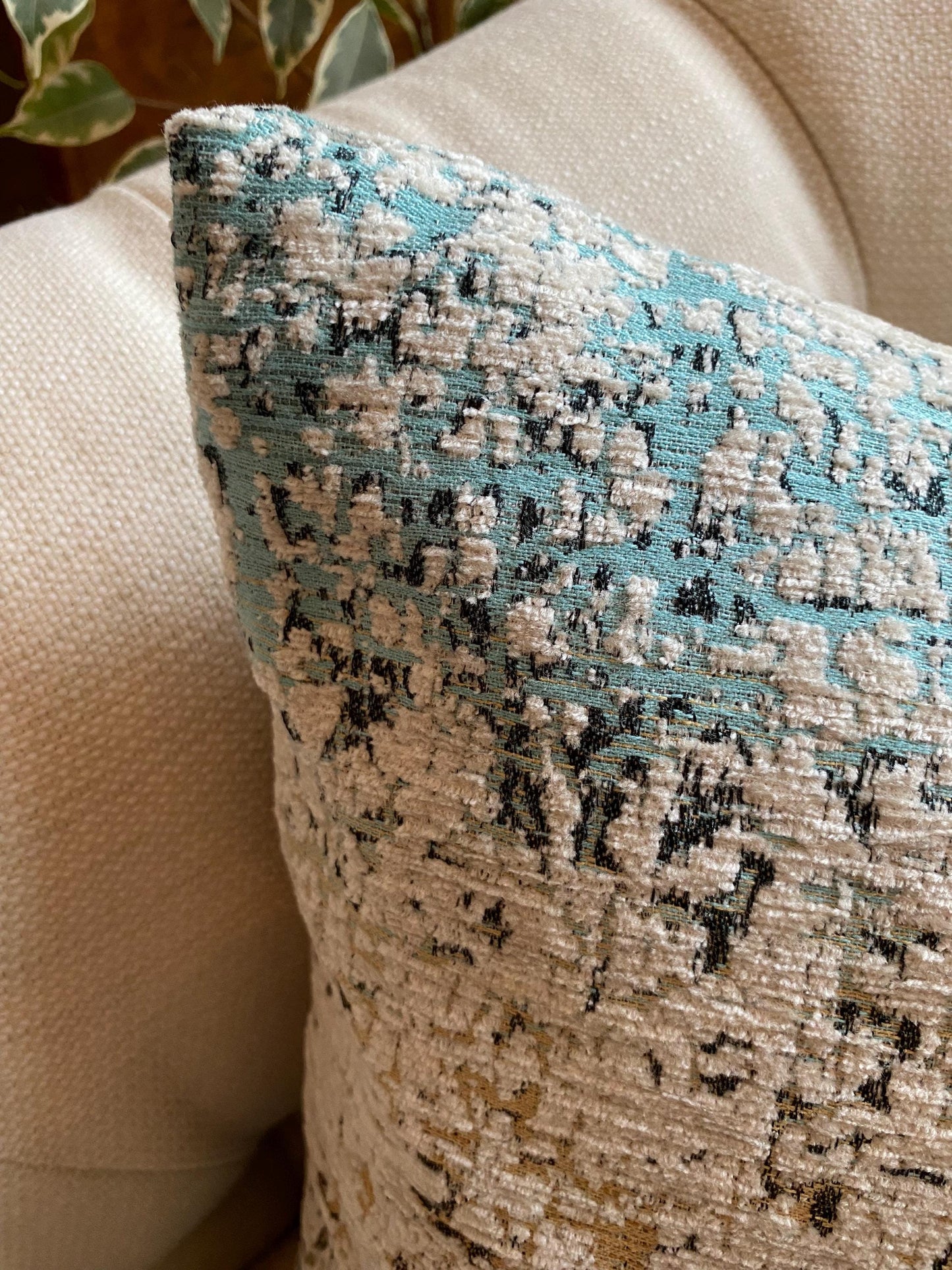 AGNESE - Handmade abstract chenille fabric cushion cover in teal, cream and gold.