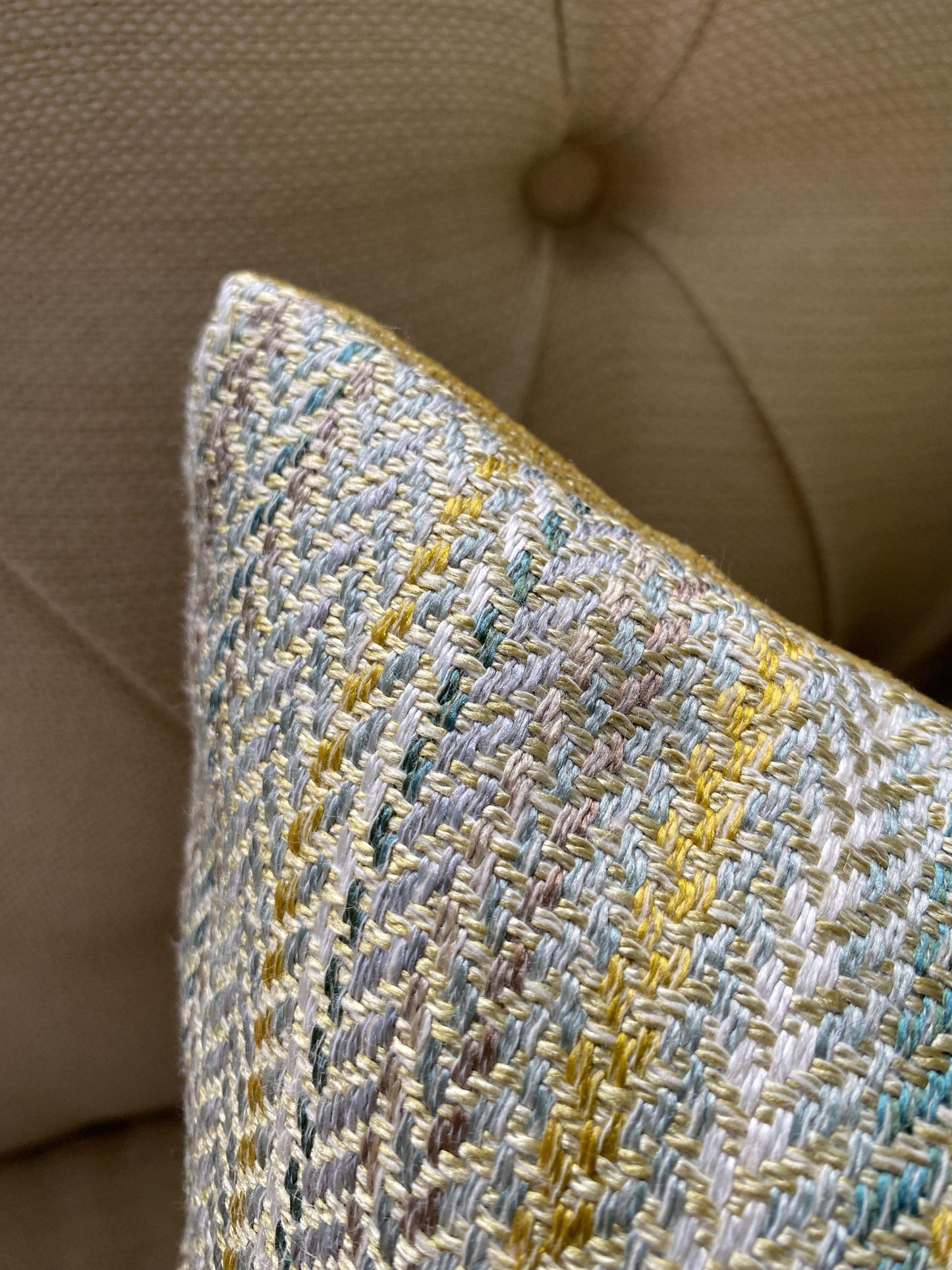 COLTON - Handmade woven striped lumbar cushion cover in teal.