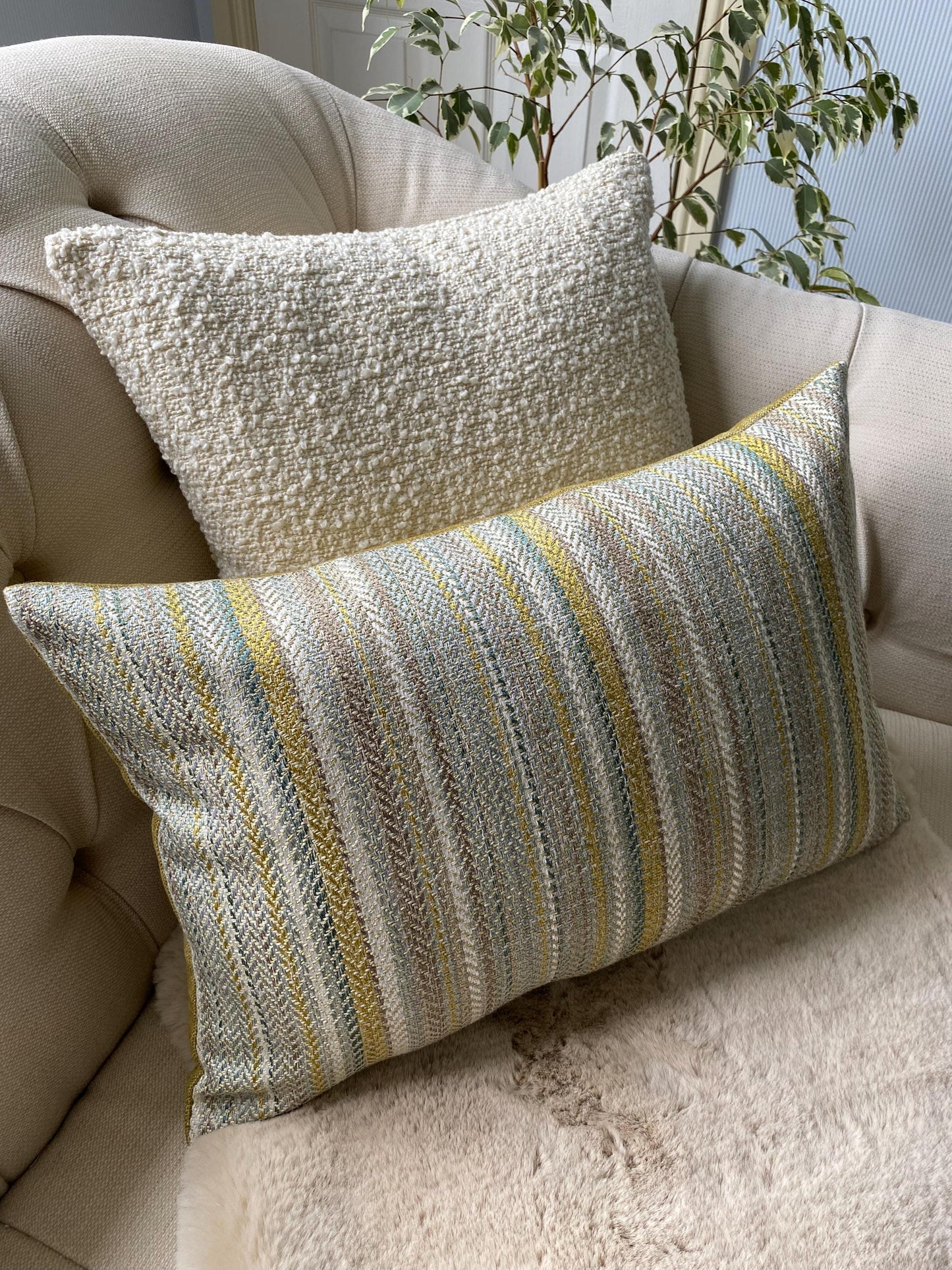 COLTON - Handmade woven striped lumbar cushion cover in teal.