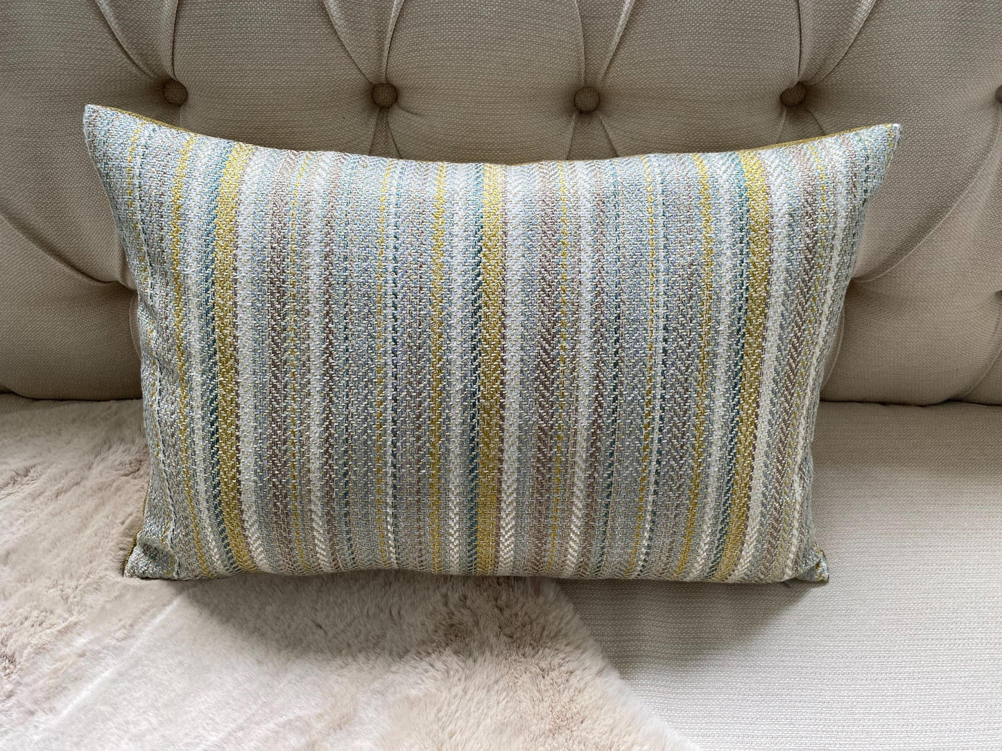 COLTON - Handmade woven striped lumbar cushion cover in teal.