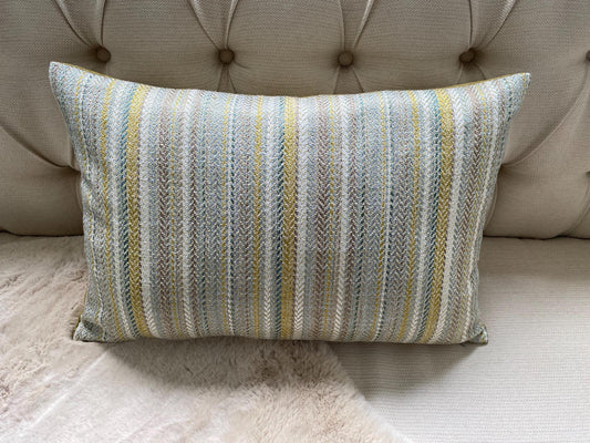 COLTON- Handmade woven striped lumbar cushion cover in teal.