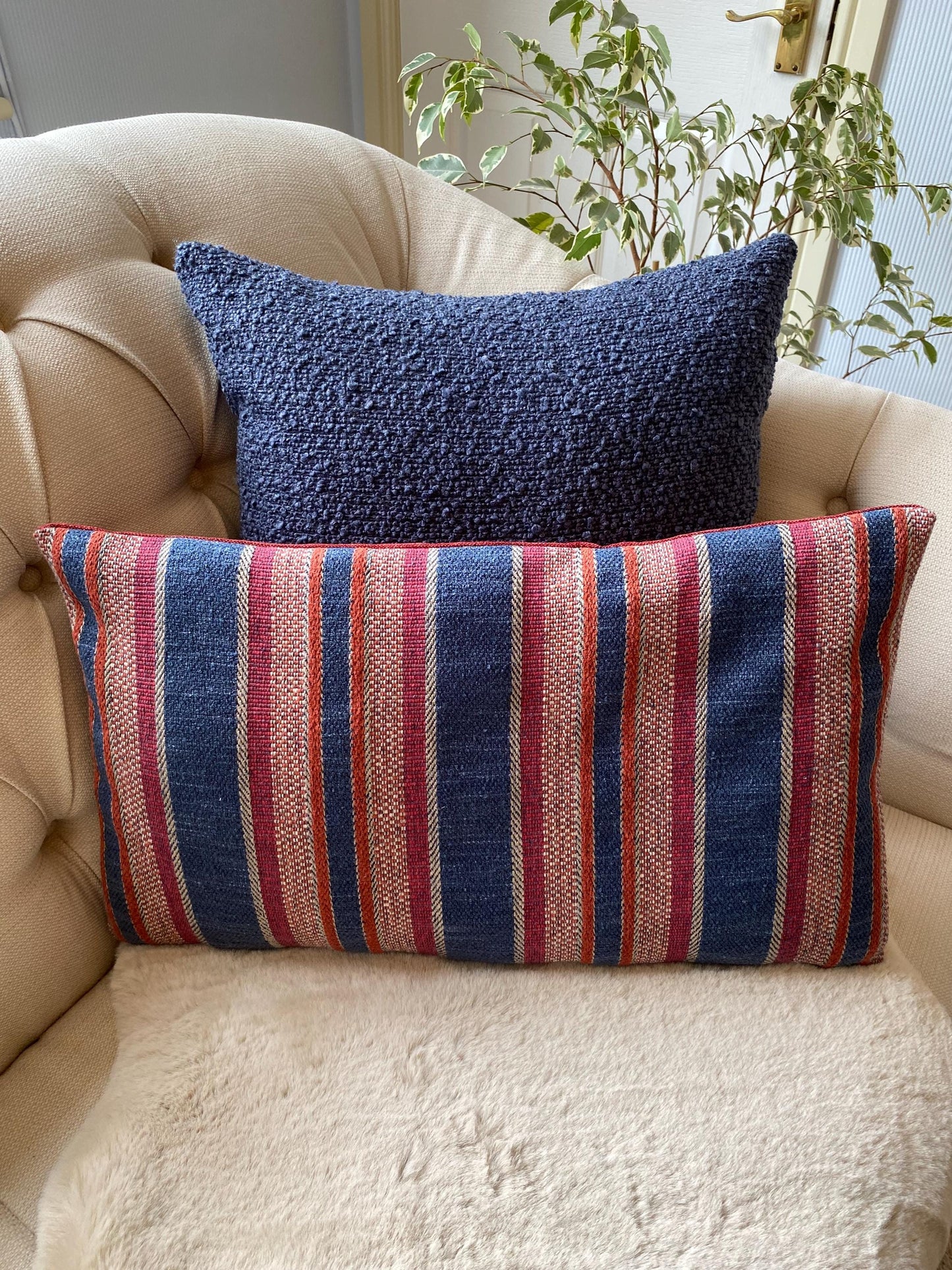 DENVER - Handmade woven red and blue vertical stripe cushion cover.