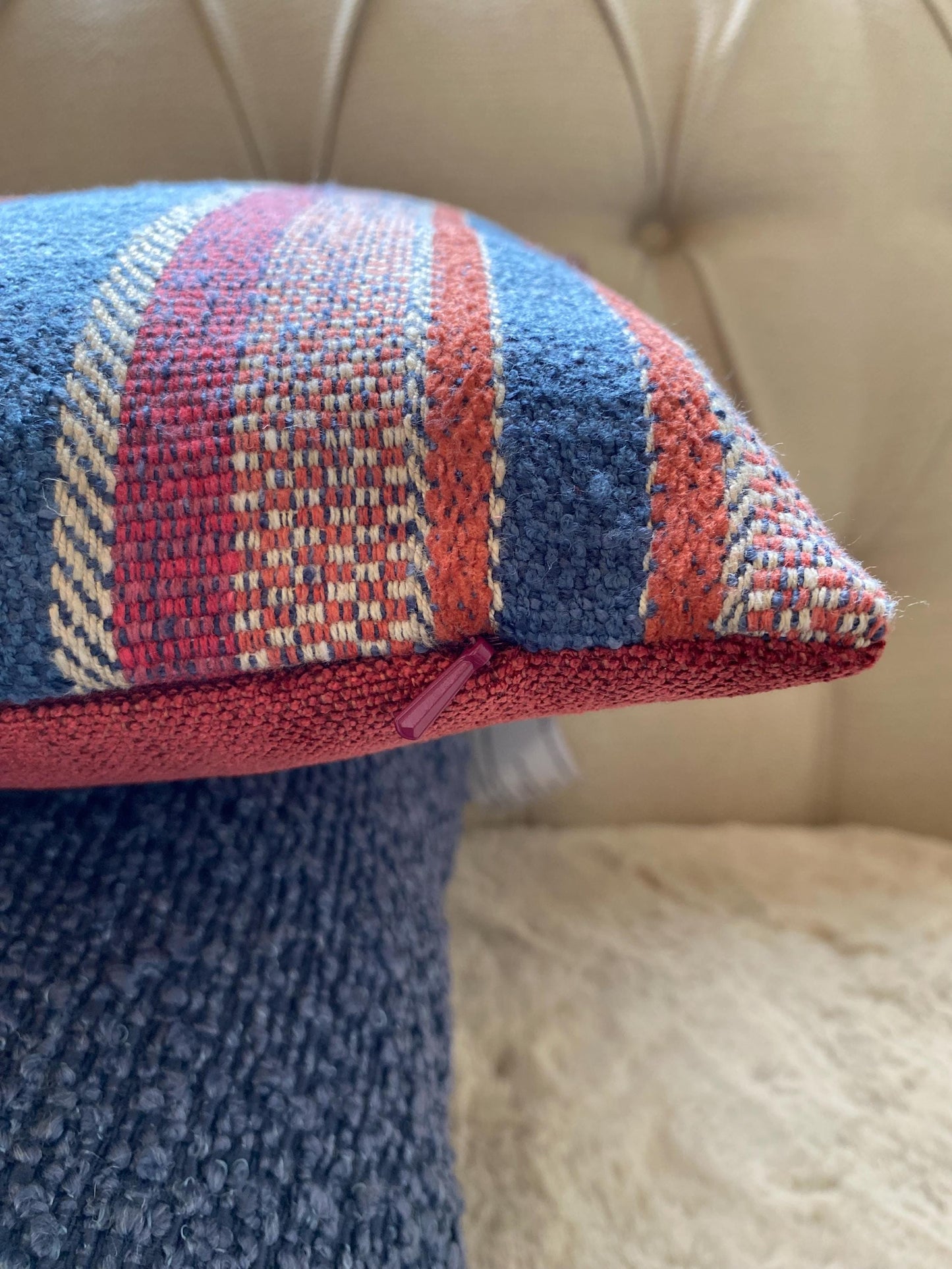 DENVER - Handmade woven red and blue vertical stripe cushion cover.