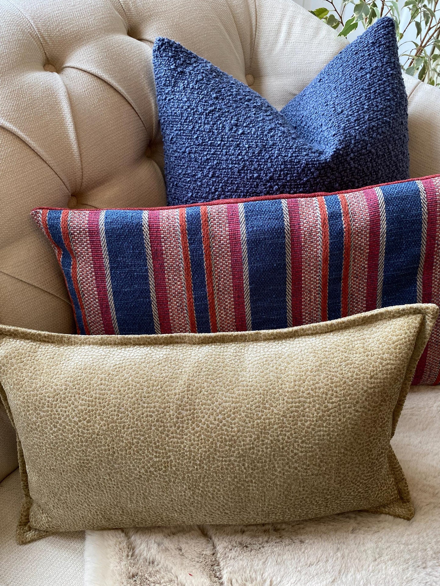 DENVER - Handmade woven red and blue vertical stripe cushion cover.