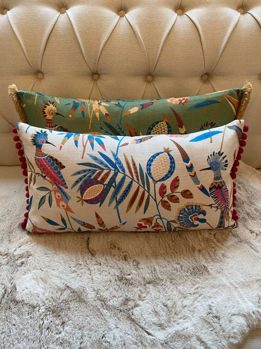 PARADISA- Handmade lumbar cushion cover with modern botanical design and pom pom or fringetrim.